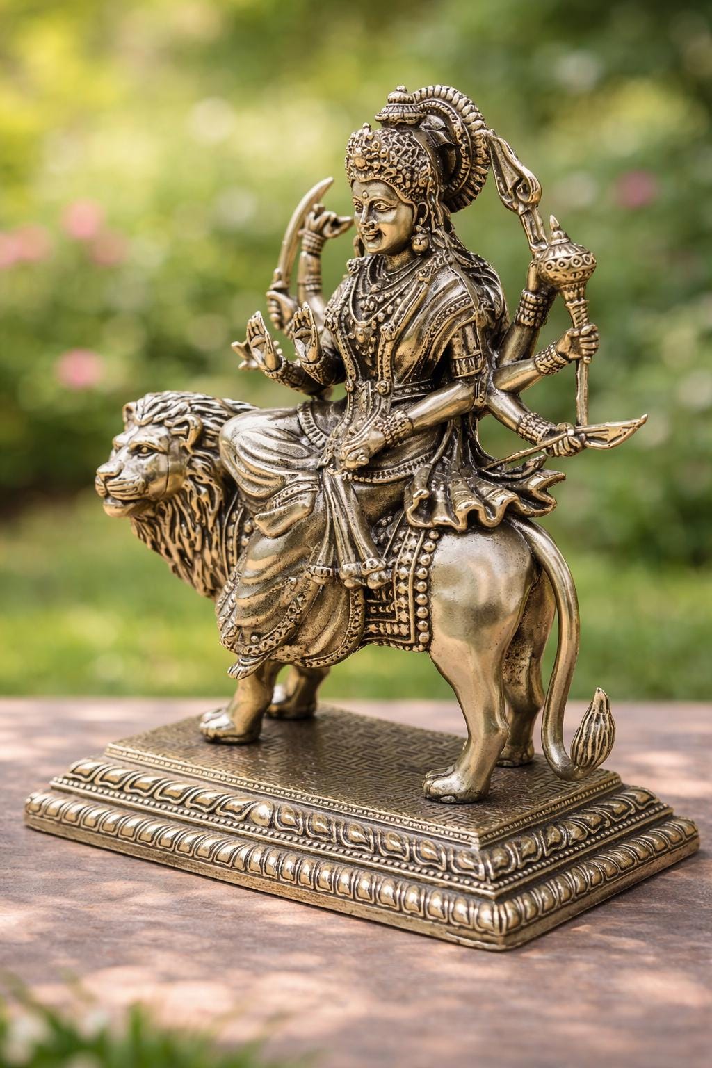 Brass Durga Statue on Lion 4.5-inch– Hindu Goddess Murti for Home Temple Decor