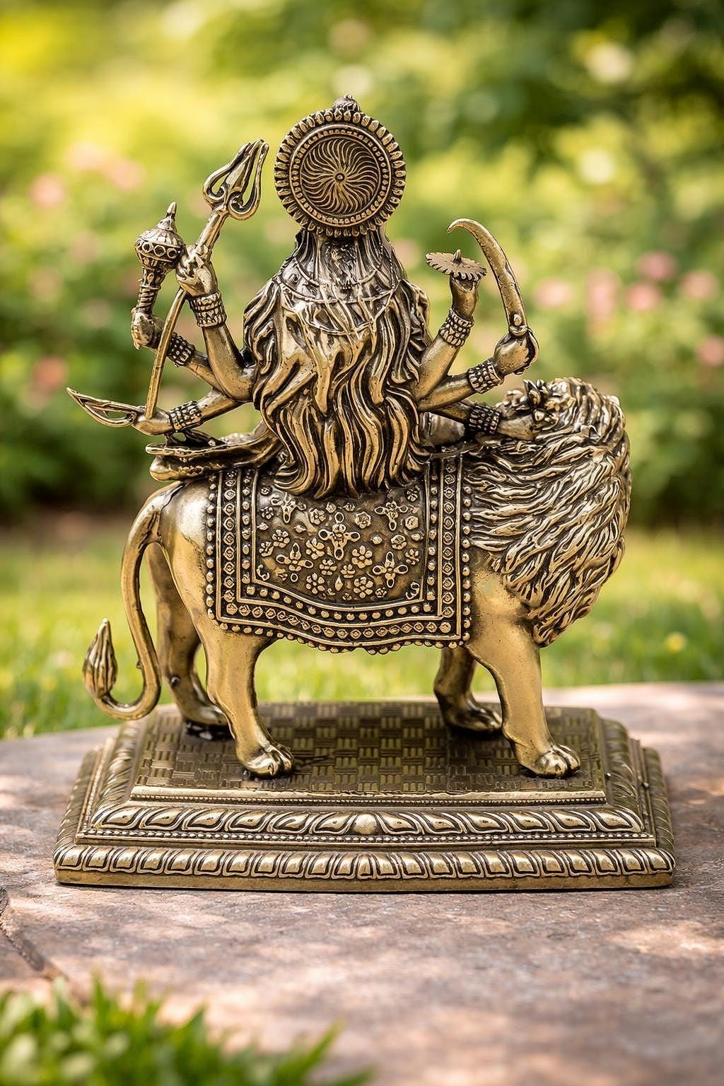 Brass Durga Statue on Lion 4.5-inch– Hindu Goddess Murti for Home Temple Decor