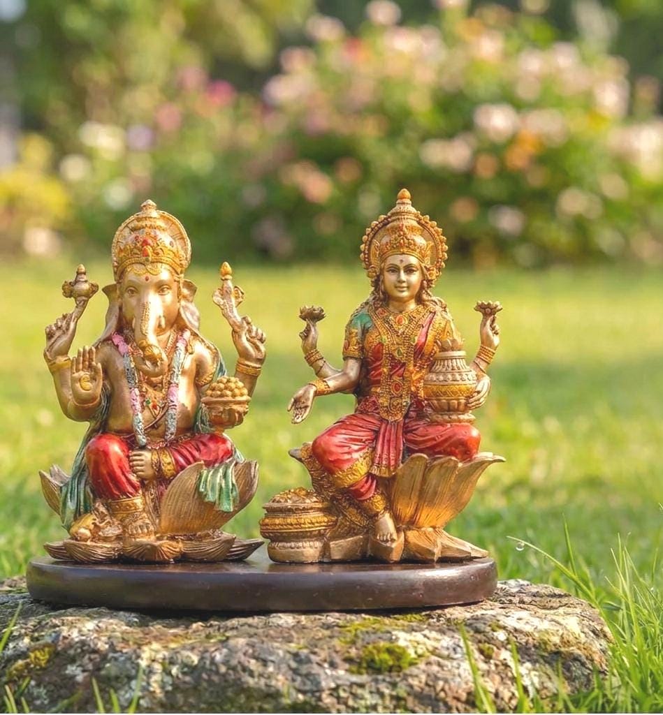 Goddess Lakshmi & Ganesha Murti Resin Set With Antique Finish
