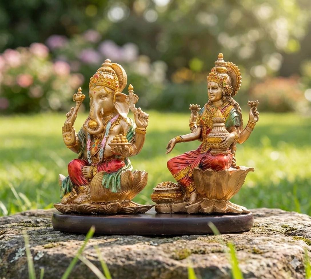 Goddess Lakshmi & Ganesha Murti Resin Set With Antique Finish