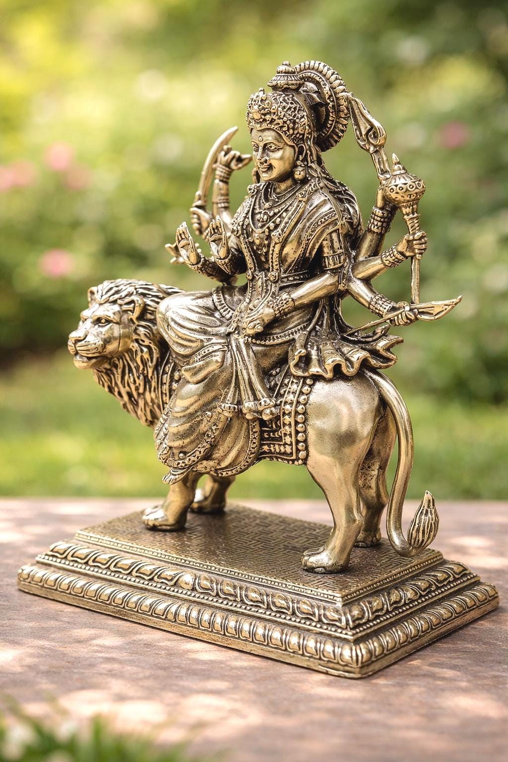 Brass Durga Statue on Lion 4.5-inch– Hindu Goddess Murti for Home Temple Decor