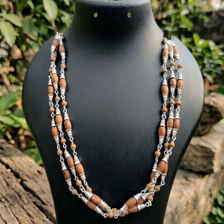 Silver Tulsi Mala with 3 Strand 925 Sterling Silver Caps, Wire, and Lobster Lock