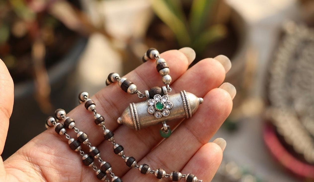 Pure Sterling Silver Tulsi Necklace With Narsimha Pendant – Emerald Accent Holy Tulsi Mala