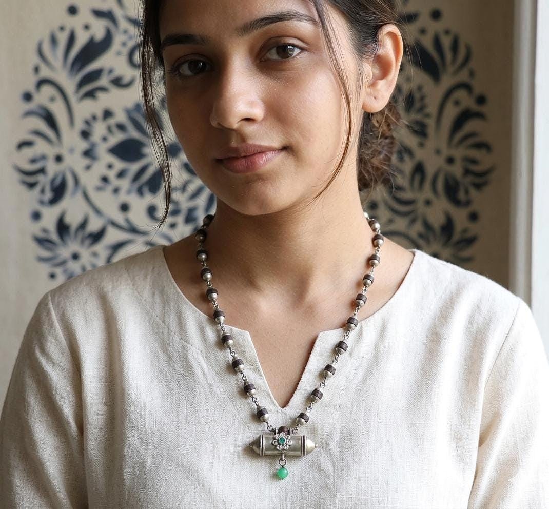 Pure Sterling Silver Tulsi Necklace With Narsimha Pendant – Emerald Accent Holy Tulsi Mala
