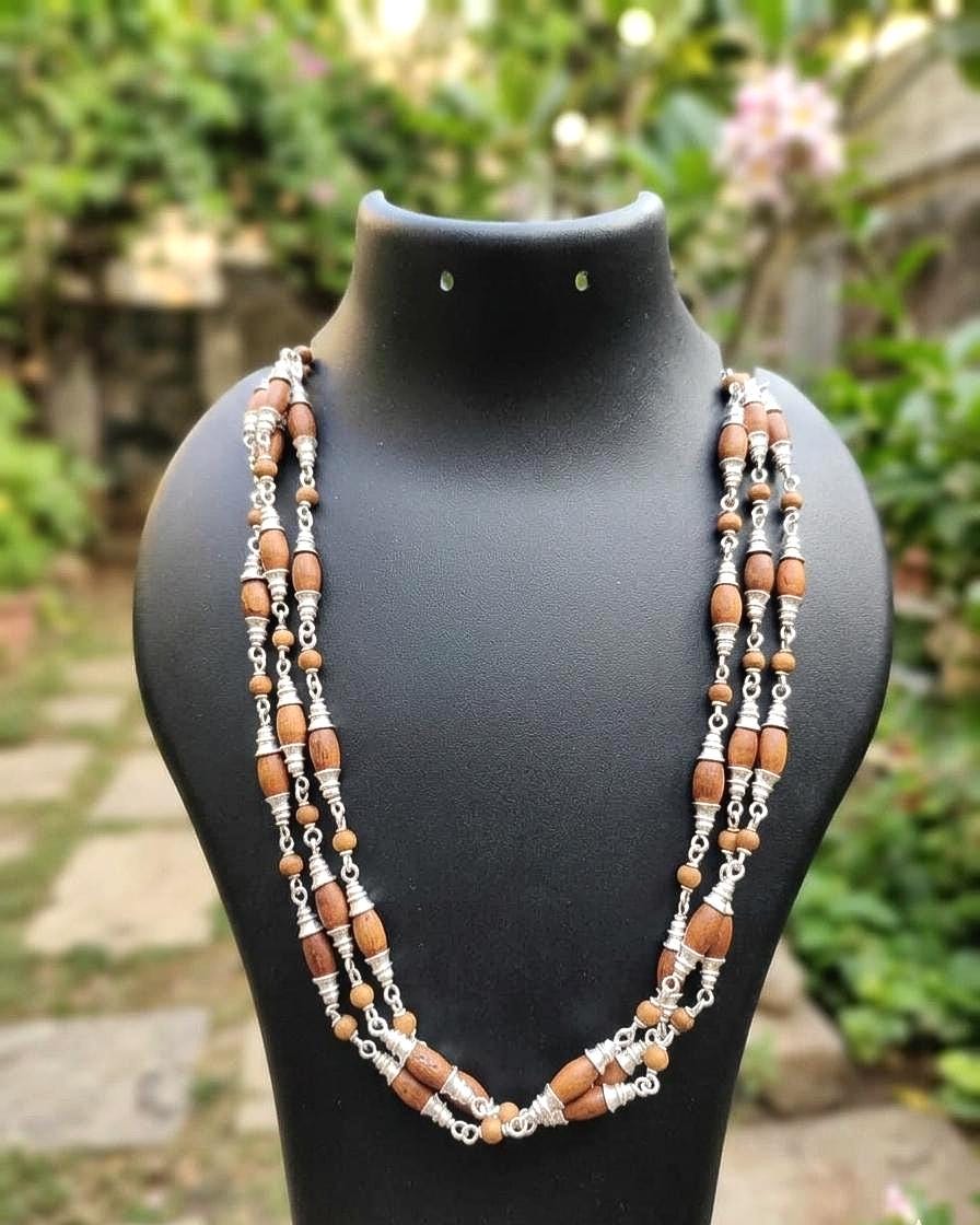 Silver Tulsi Mala with 3 Strand 925 Sterling Silver Caps, Wire, and Lobster Lock