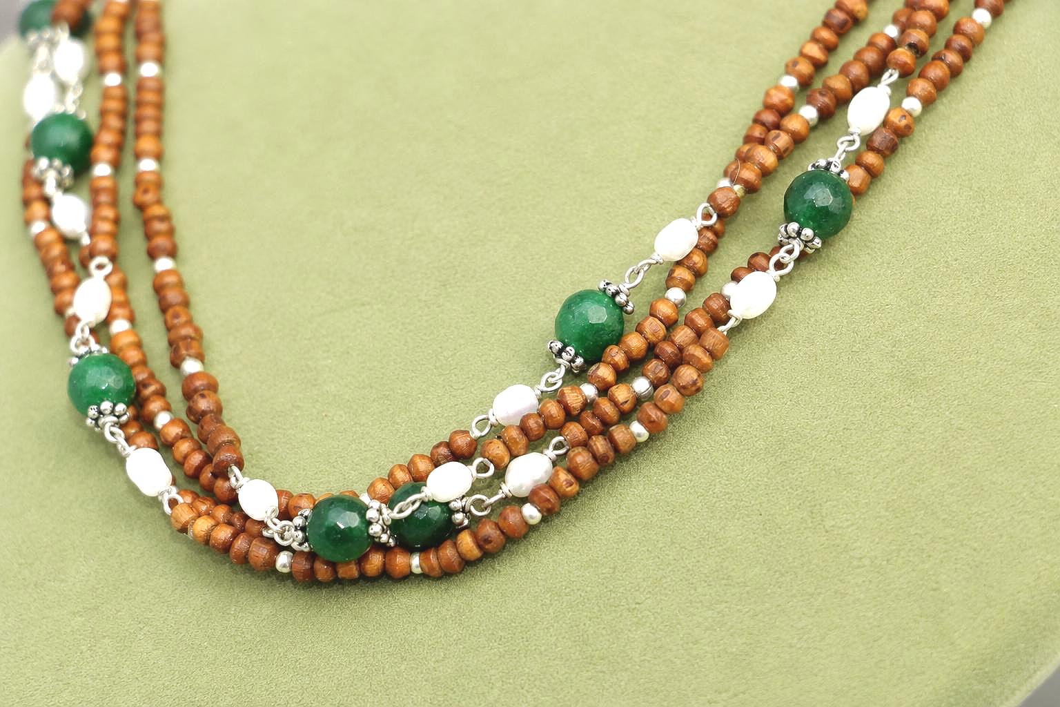 3-Rounds  Silver Tulsi Necklace with Emeralds and Pearls stones – Silver Wire Beaded Jewelry
