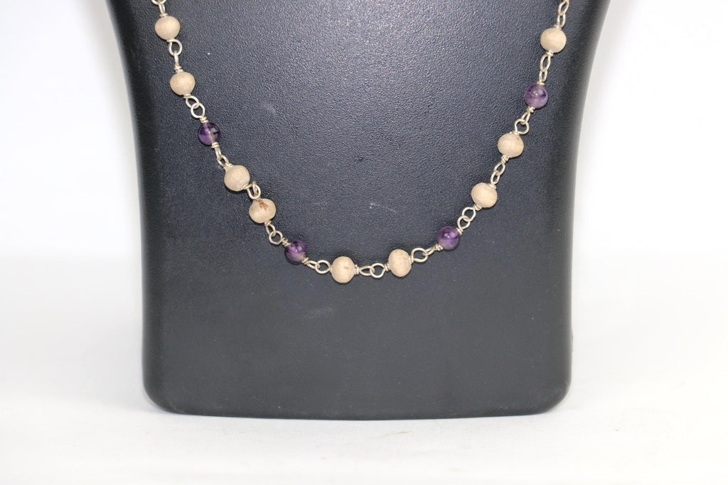 925 Sterling Silver Wire Wrapped Tulsi Necklace with Amethyst Stones