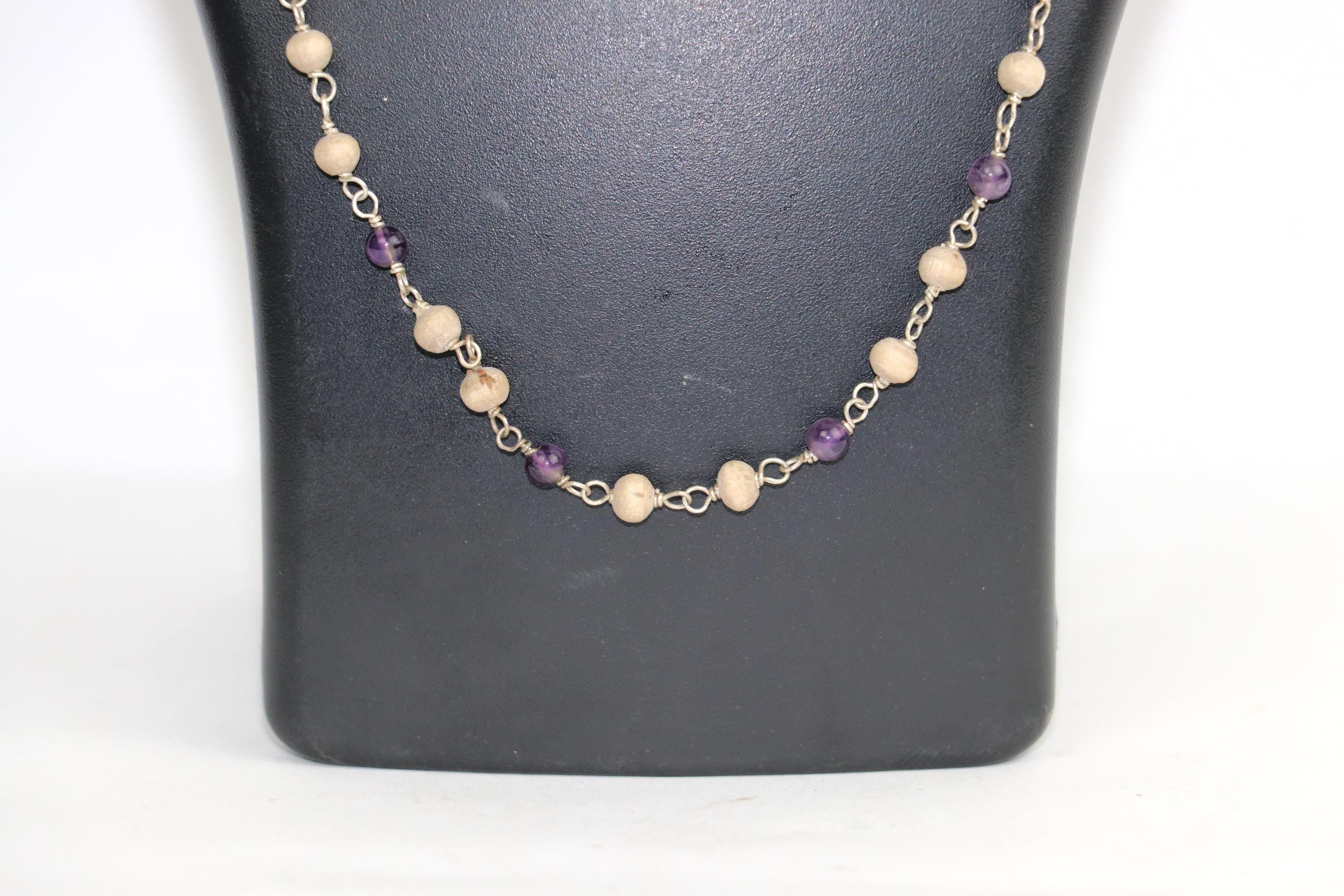 925 Sterling Silver Wire Wrapped Tulsi Necklace with Amethyst Stones