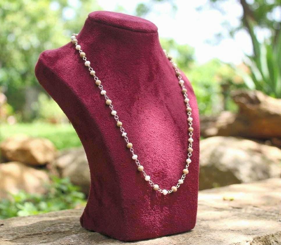 Sterling Silver Tulsi Mala Necklace with Pearls – Handmade Sacred Tulsi Jewelry