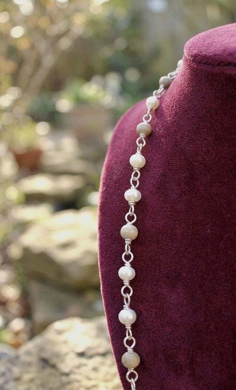 Sterling Silver Tulsi Mala Necklace with Pearls – Handmade Sacred Tulsi Jewelry