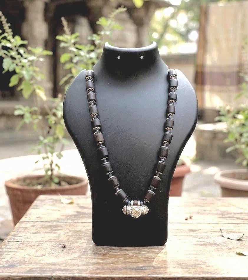Pure Tulsi  Mala Necklace – Sterling Silver Narsimha Pendant, Hand-Strung Artisan Jewelry
