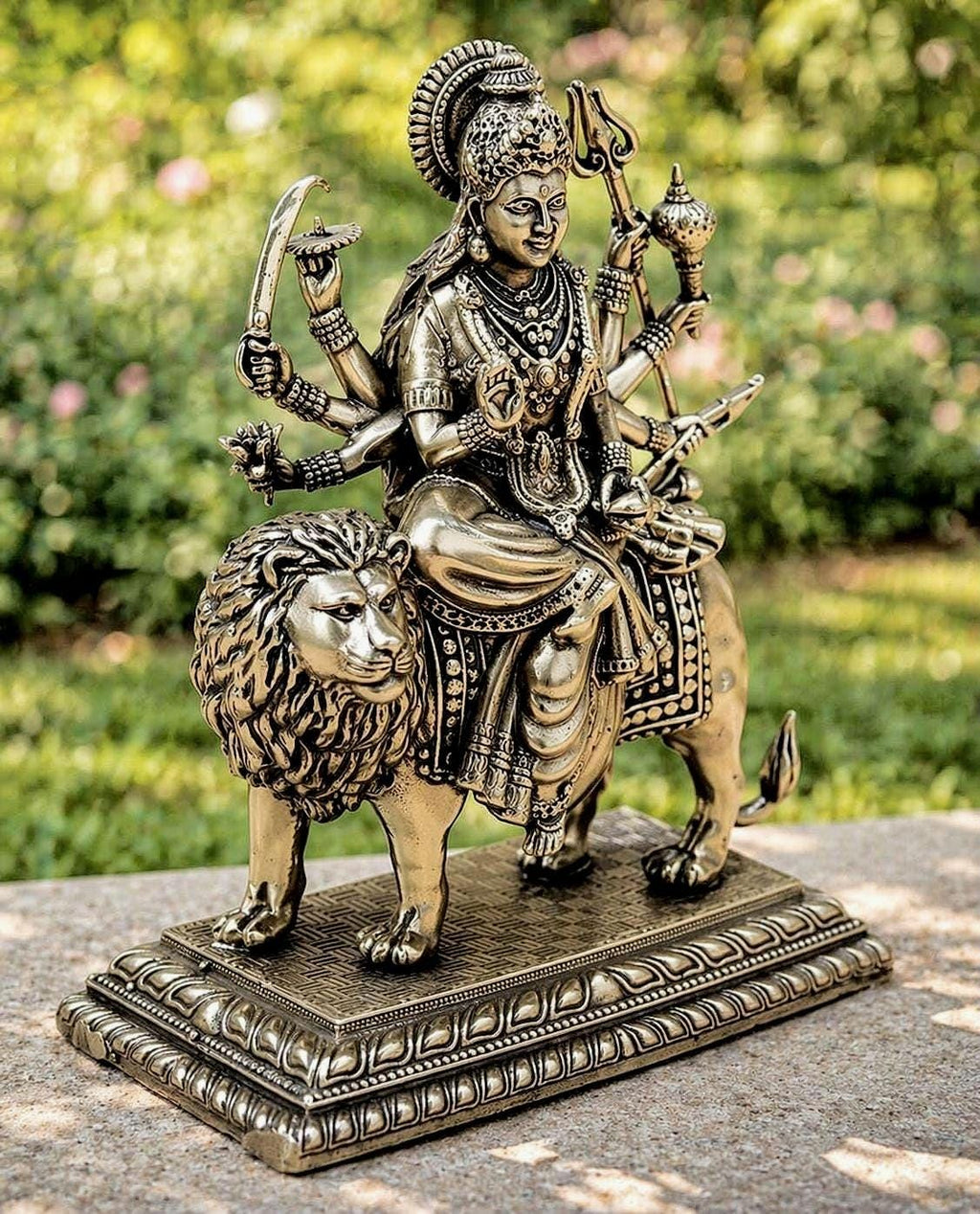 Brass Durga Statue on Lion 4.5-inch– Hindu Goddess Murti for Home Temple Decor
