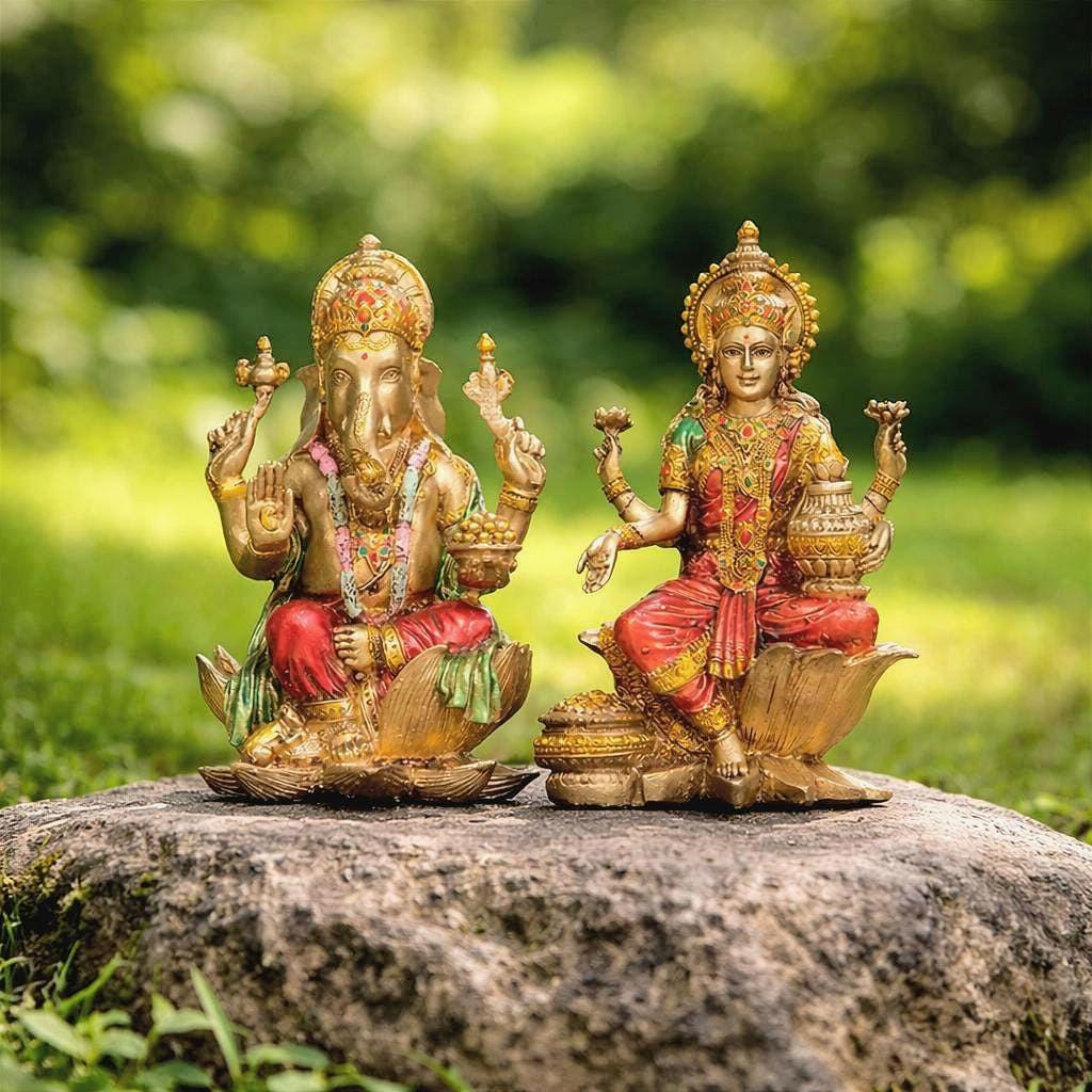 Goddess Lakshmi & Ganesha Murti Resin Set With Antique Finish