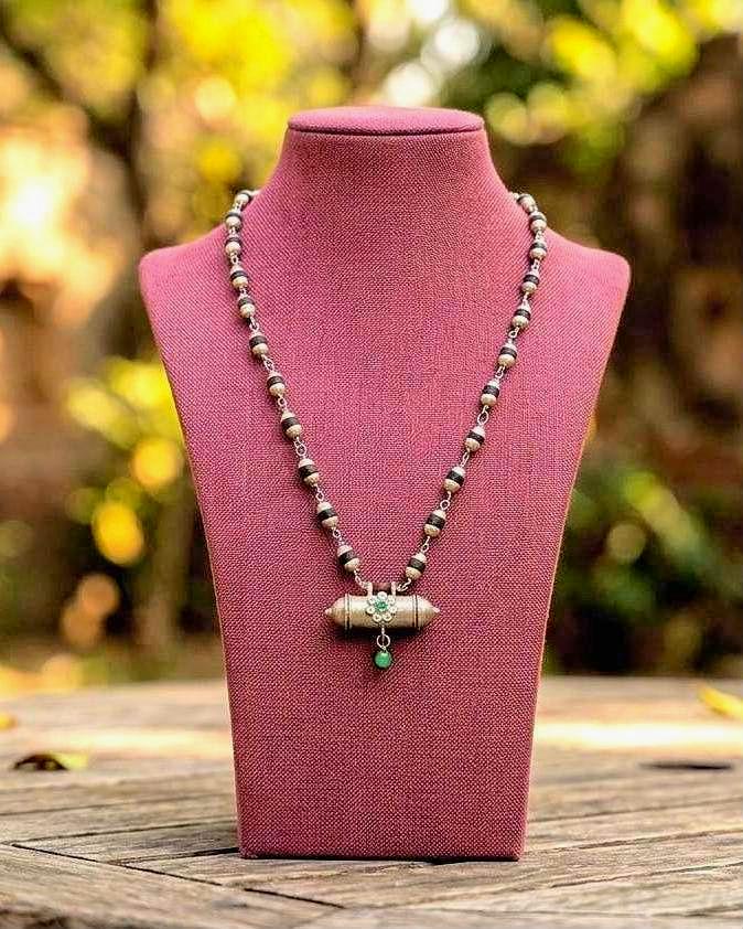 Pure Sterling Silver Tulsi Necklace With Narsimha Pendant – Emerald Accent Holy Tulsi Mala