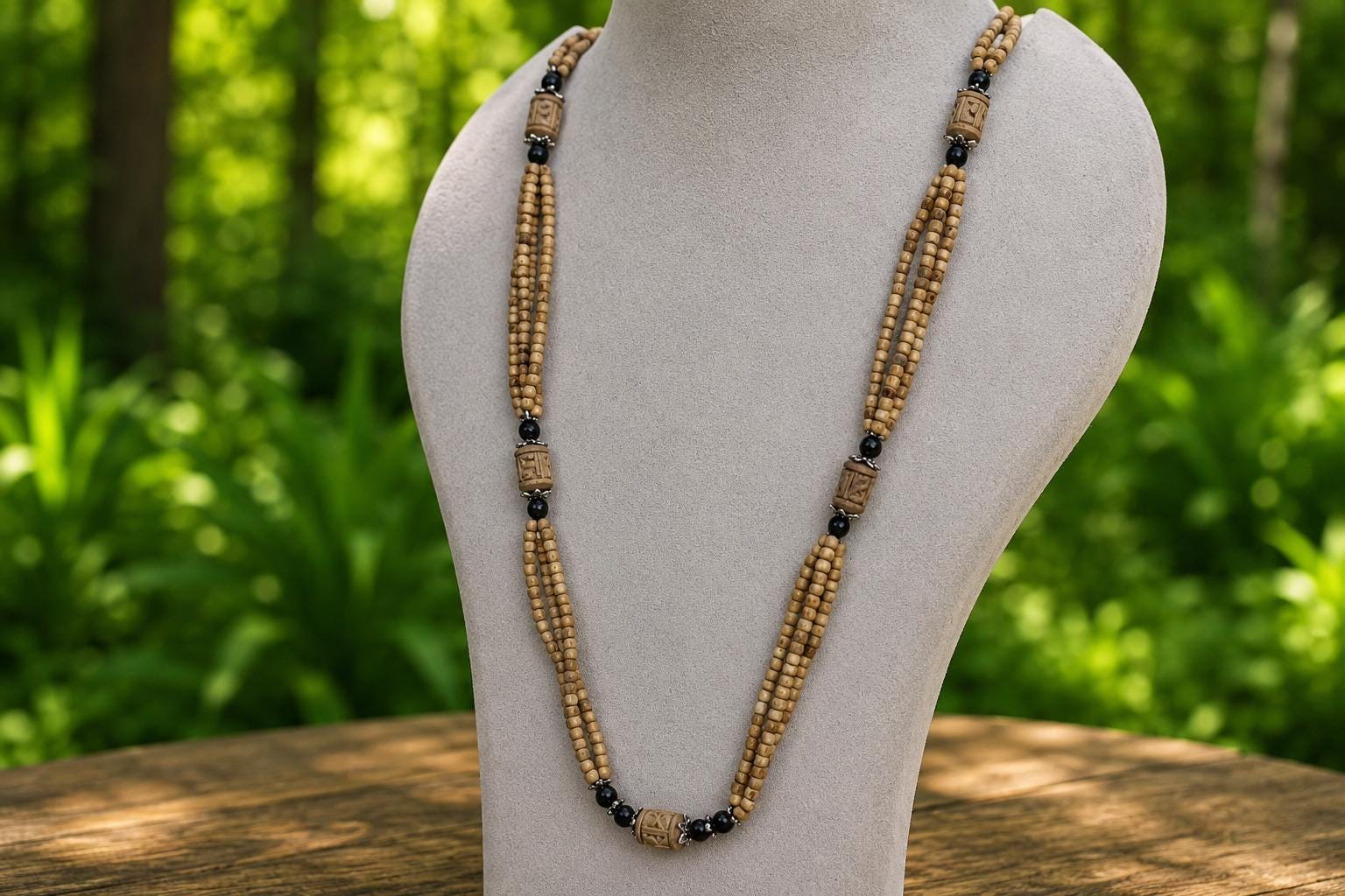 Handmade 3-Strand Vaishnav Tulsi Beads Mala  -  Authentic ISKCON Style Devotional Tulsi Necklace