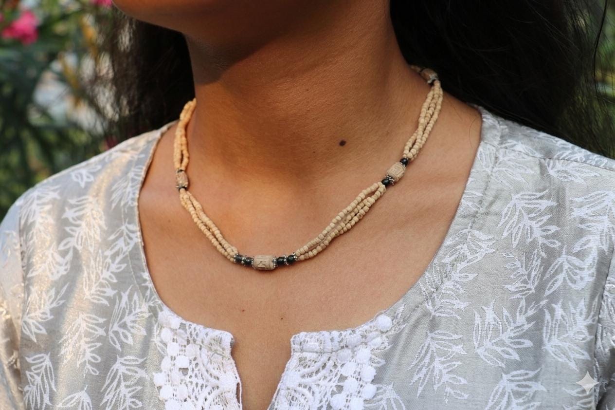 Handmade 3-Strand Vaishnav Tulsi Beads Mala  -  Authentic ISKCON Style Devotional Tulsi Necklace