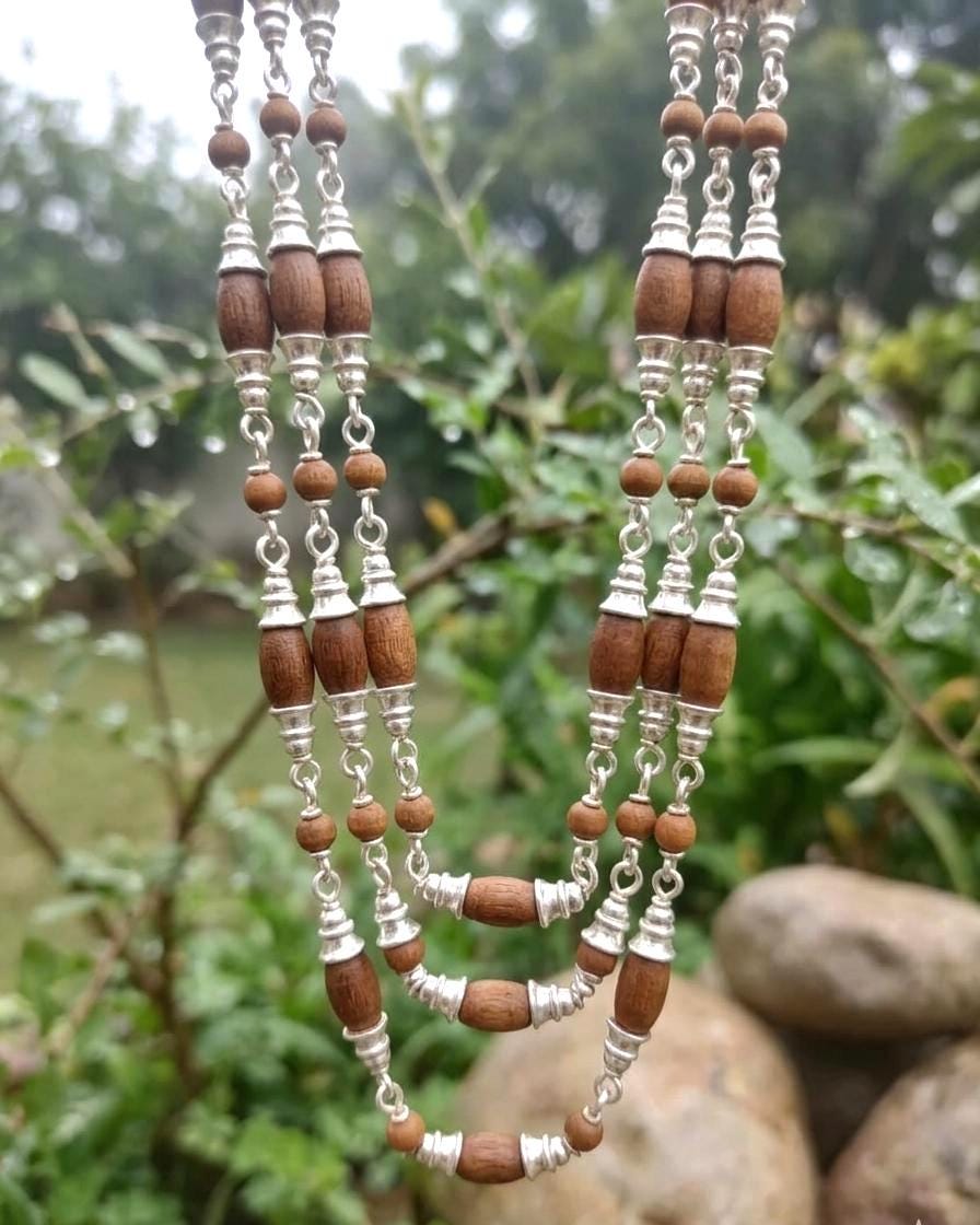 Silver Tulsi Mala with 3 Strand 925 Sterling Silver Caps, Wire, and Lobster Lock