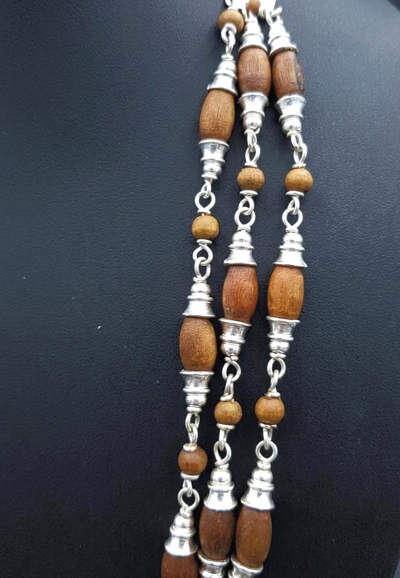 Silver Tulsi Mala with 3 Strand 925 Sterling Silver Caps, Wire, and Lobster Lock
