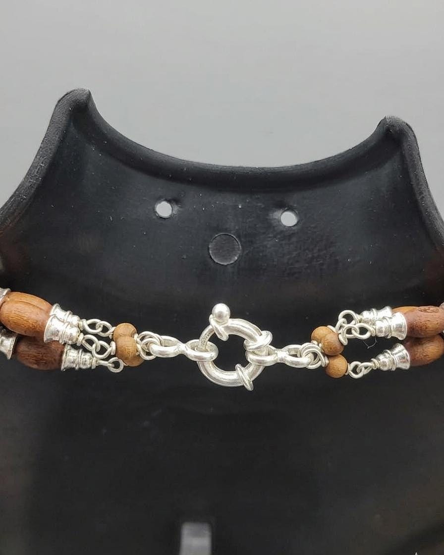 Silver Tulsi Mala with 3 Strand 925 Sterling Silver Caps, Wire, and Lobster Lock