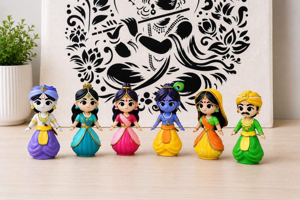 Krishna Radha With Friends Figurine Play Set | Vrindavan Play Dolls, ISKCON Devotional Gift - height -9cm