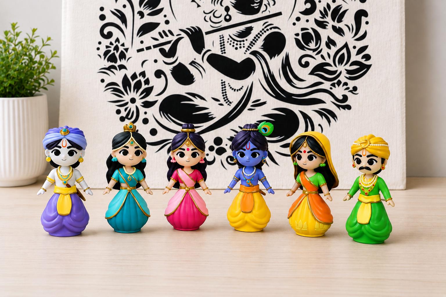 Krishna Radha With Friends Figurine Play Set | Vrindavan Play Dolls, ISKCON Devotional Gift - height -9cm