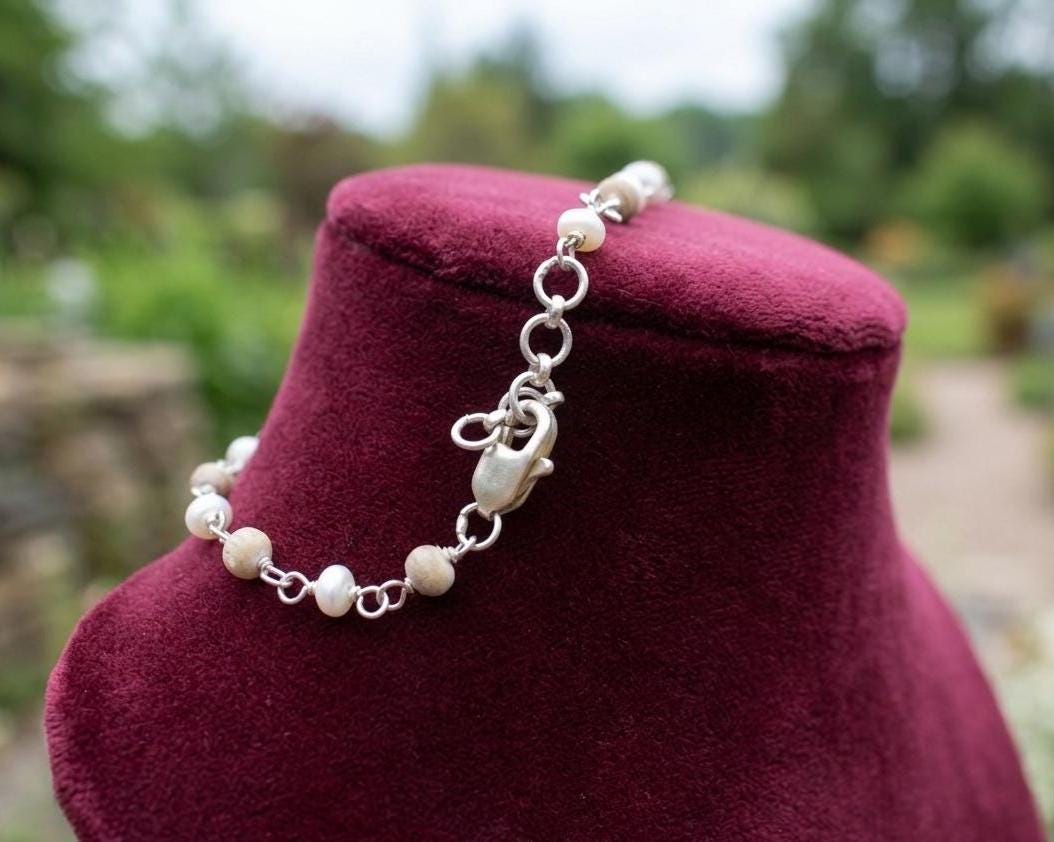 Sterling Silver Tulsi Mala Necklace with Pearls – Handmade Sacred Tulsi Jewelry