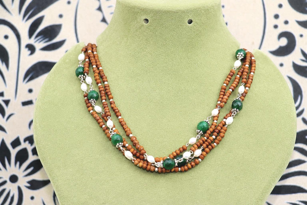 3-Rounds  Silver Tulsi Necklace with Emeralds and Pearls stones – Silver Wire Beaded Jewelry