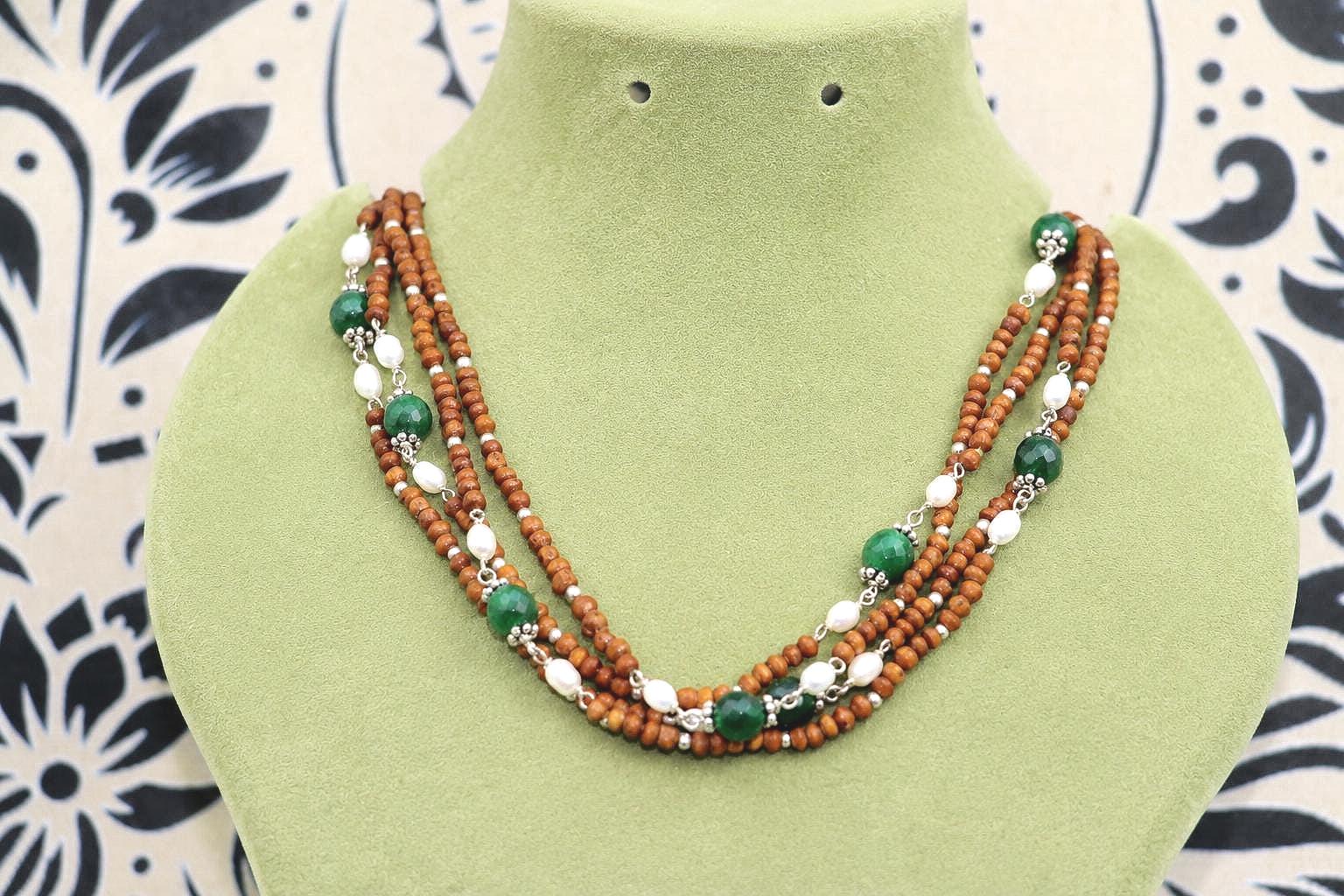3-Rounds  Silver Tulsi Necklace with Emeralds and Pearls stones – Silver Wire Beaded Jewelry