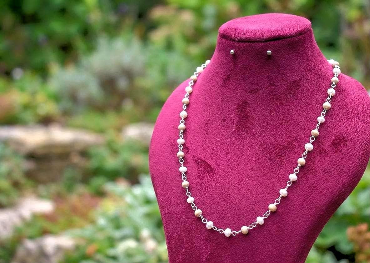 Sterling Silver Tulsi Mala Necklace with Pearls – Handmade Sacred Tulsi Jewelry