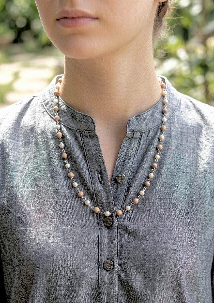 Sterling Silver Tulsi Mala Necklace with Pearls – Handmade Sacred Tulsi Jewelry