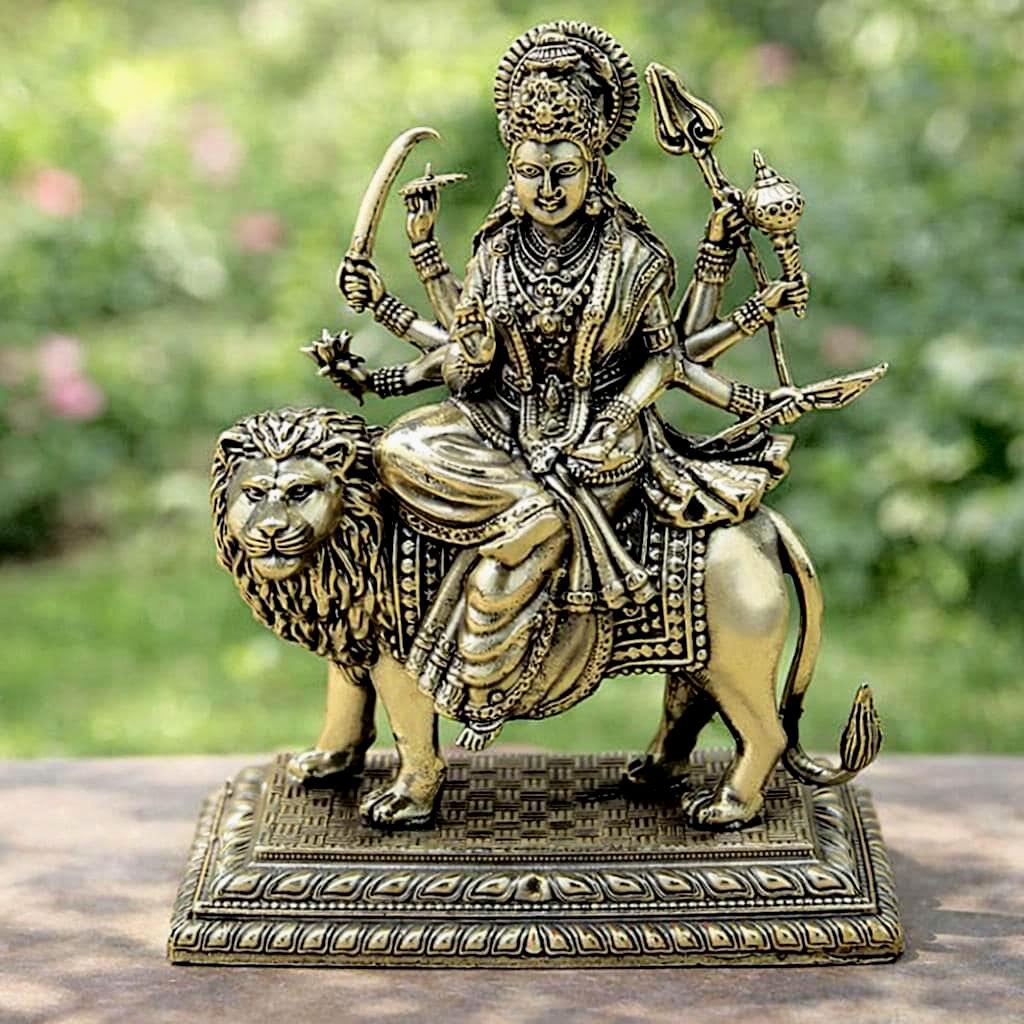 Brass Durga Statue on Lion 4.5-inch– Hindu Goddess Murti for Home Temple Decor