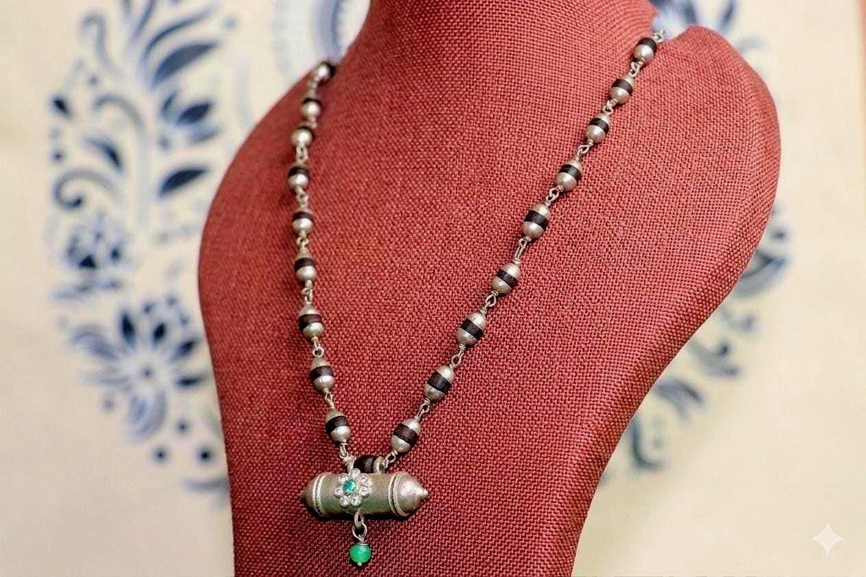 Pure Sterling Silver Tulsi Necklace With Narsimha Pendant – Emerald Accent Holy Tulsi Mala