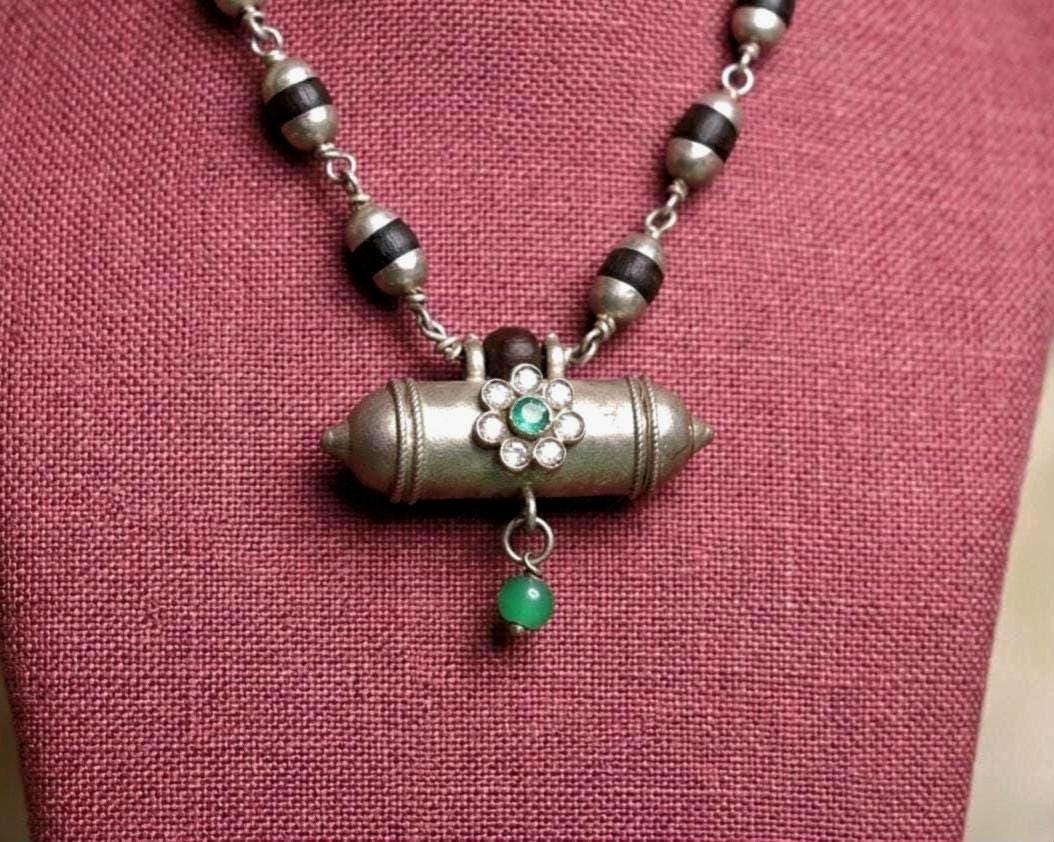 Pure Sterling Silver Tulsi Necklace With Narsimha Pendant – Emerald Accent Holy Tulsi Mala