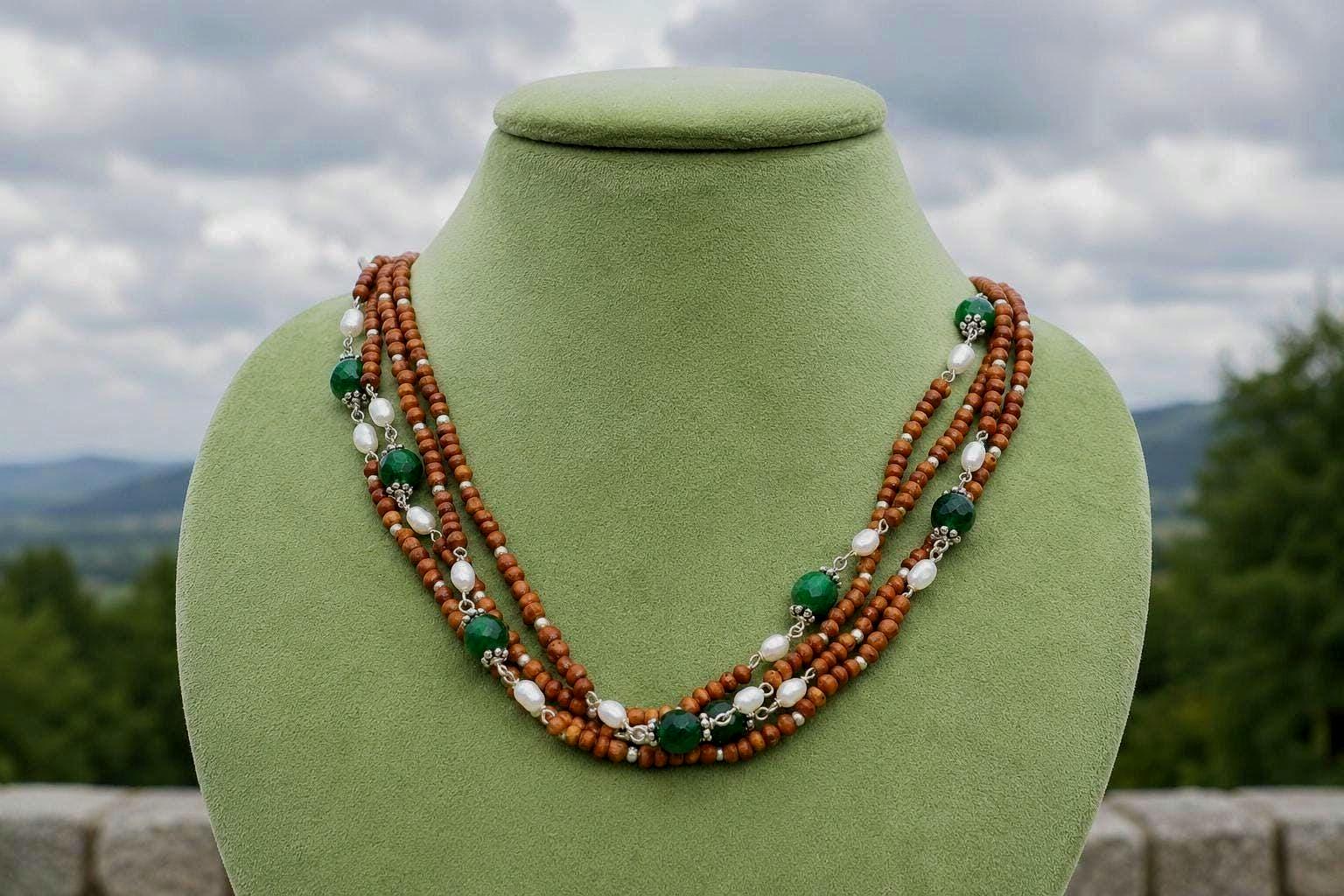 3-Rounds  Silver Tulsi Necklace with Emeralds and Pearls stones – Silver Wire Beaded Jewelry
