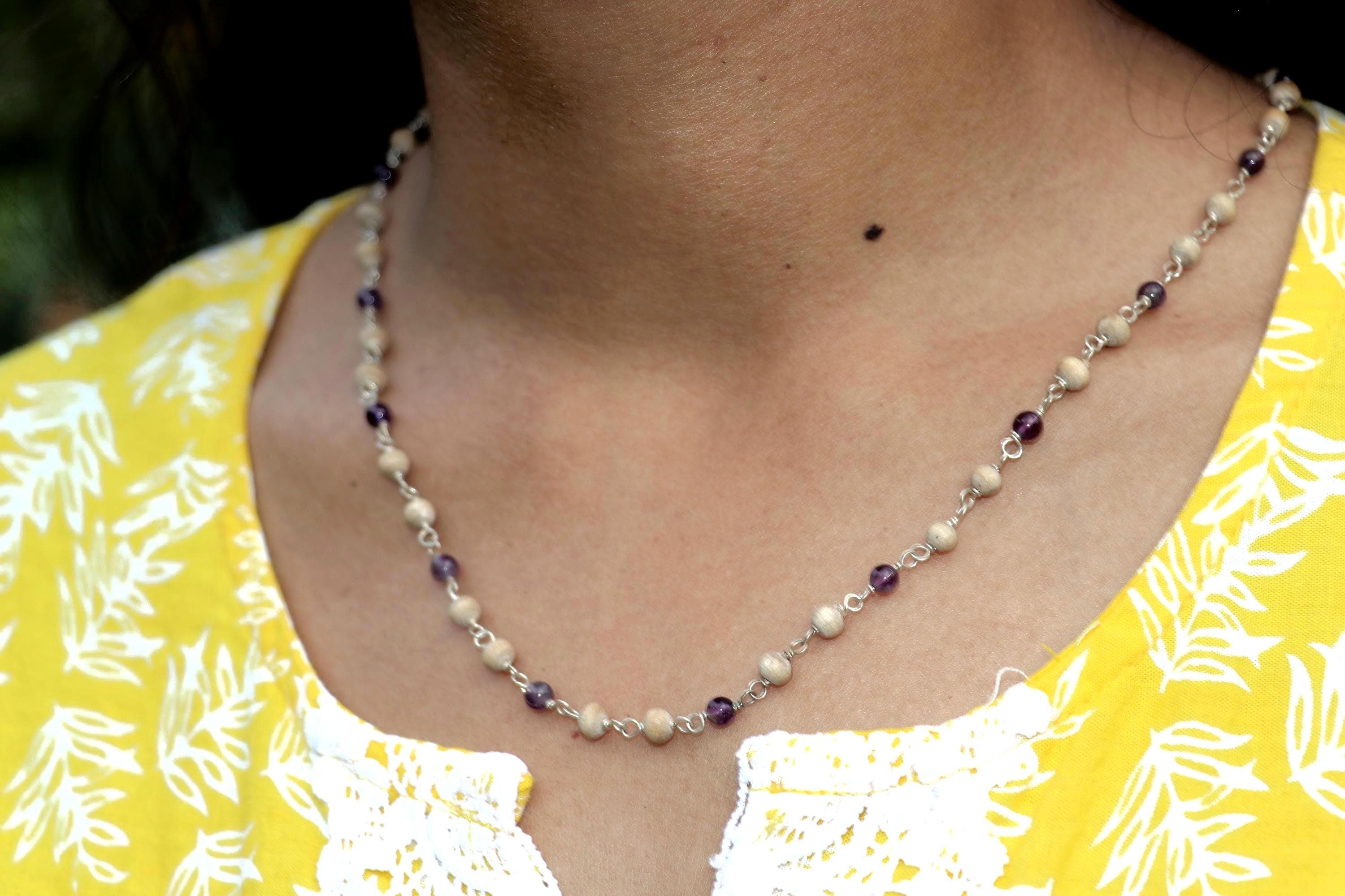 925 Sterling Silver Wire Wrapped Tulsi Necklace with Amethyst Stones