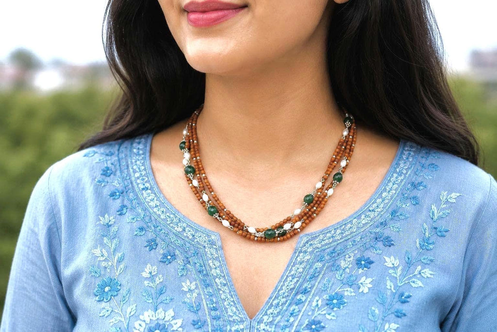 3-Rounds  Silver Tulsi Necklace with Emeralds and Pearls stones – Silver Wire Beaded Jewelry
