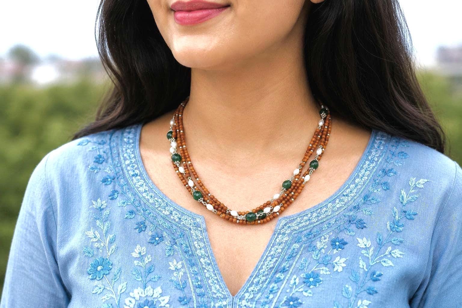 3-Rounds  Silver Tulsi Necklace with Emeralds and Pearls stones – Silver Wire Beaded Jewelry