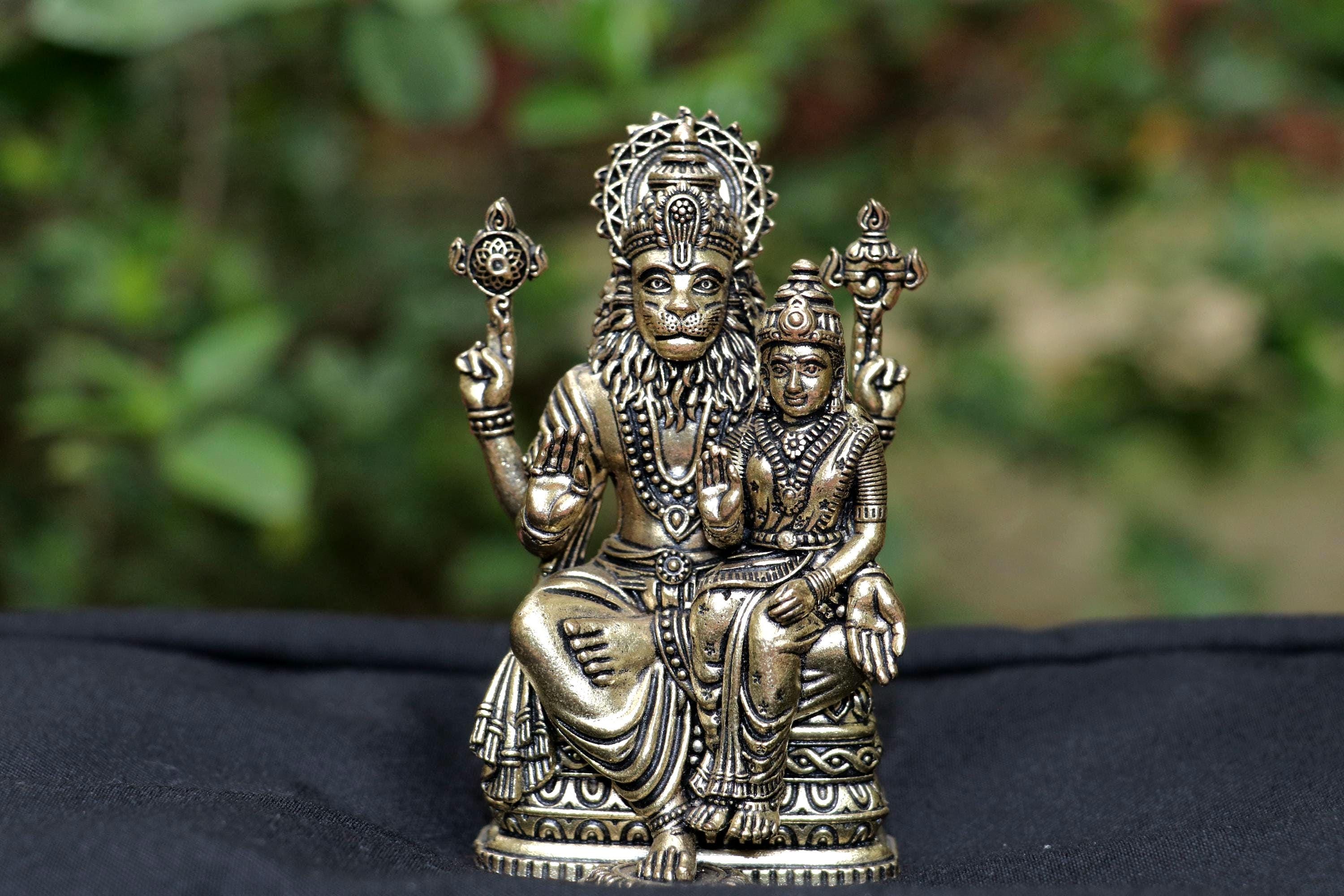 Brass GodessLakshmi Narasimha 4inch Statue – Antique Finish, Indian Artisan Idol-Puja Decor Statue