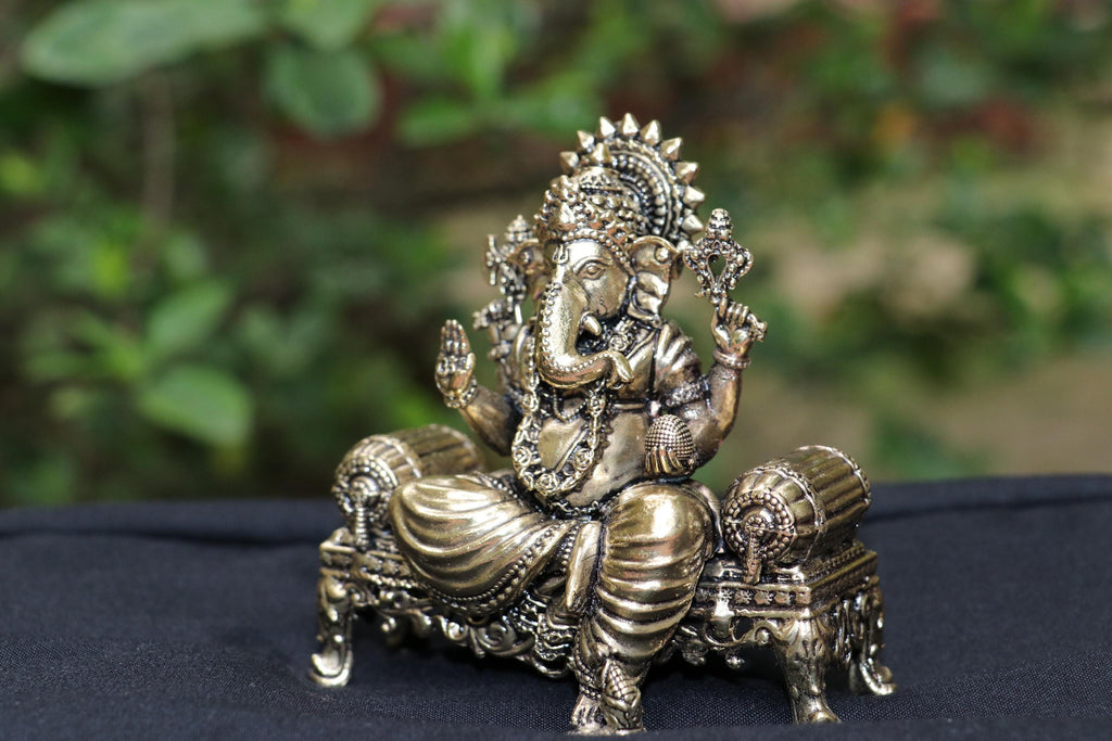 Brass Lord Ganesha Idol Sitting On Ornate Throne 4"
