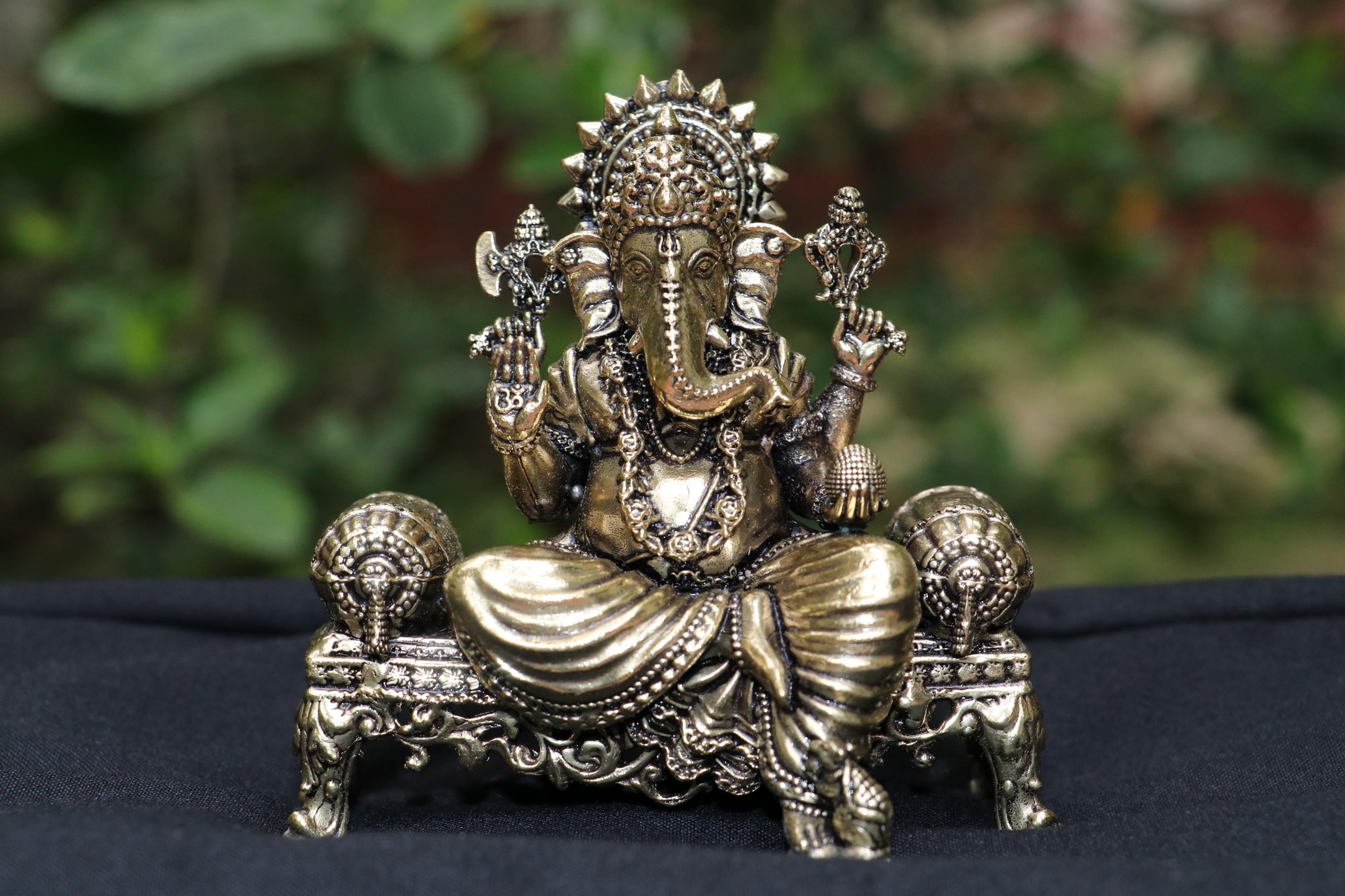 Brass Lord Ganesha Idol Sitting On Ornate Throne 4"