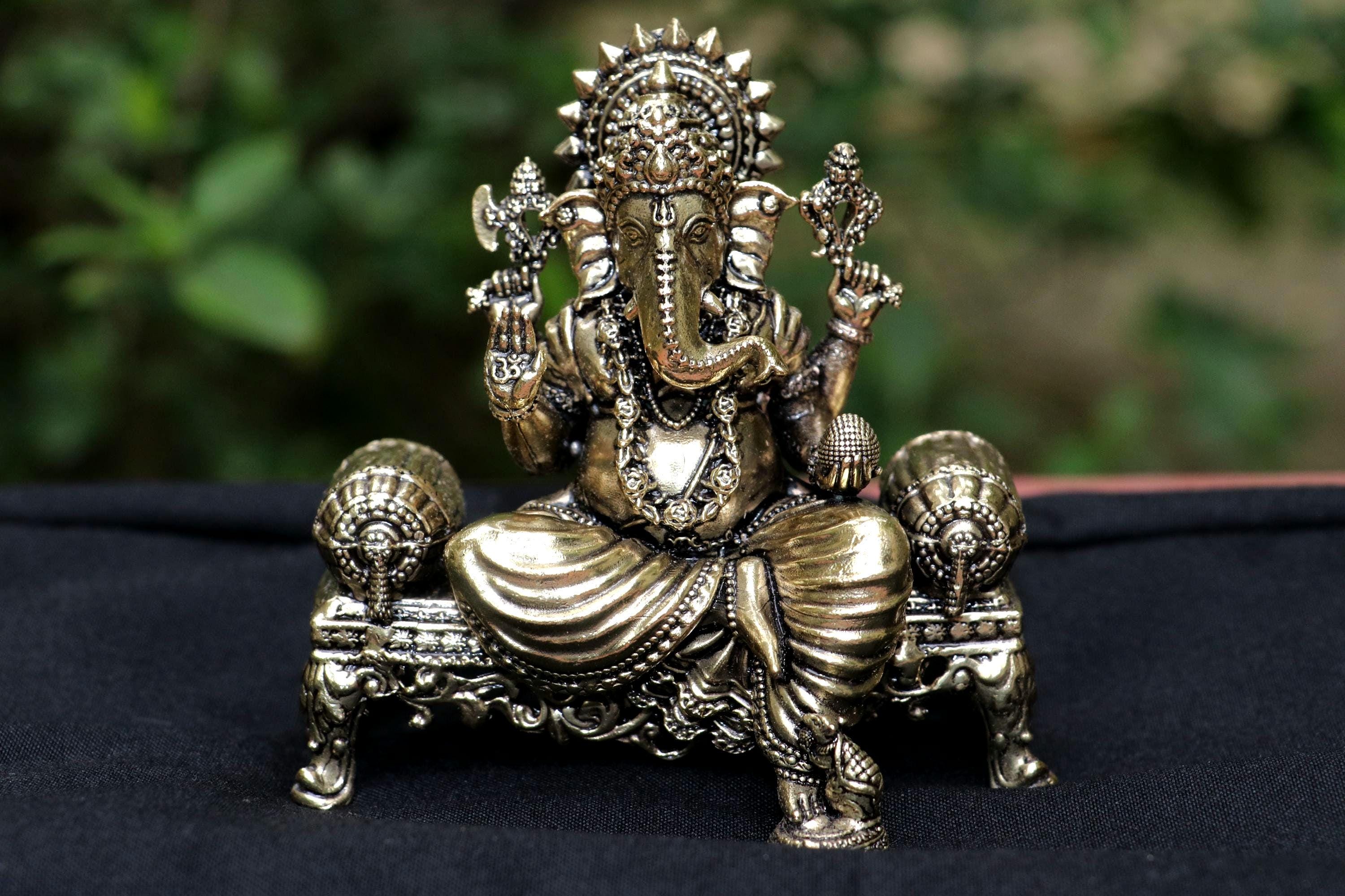 Brass Lord Ganesha Idol Sitting On Ornate Throne 4"