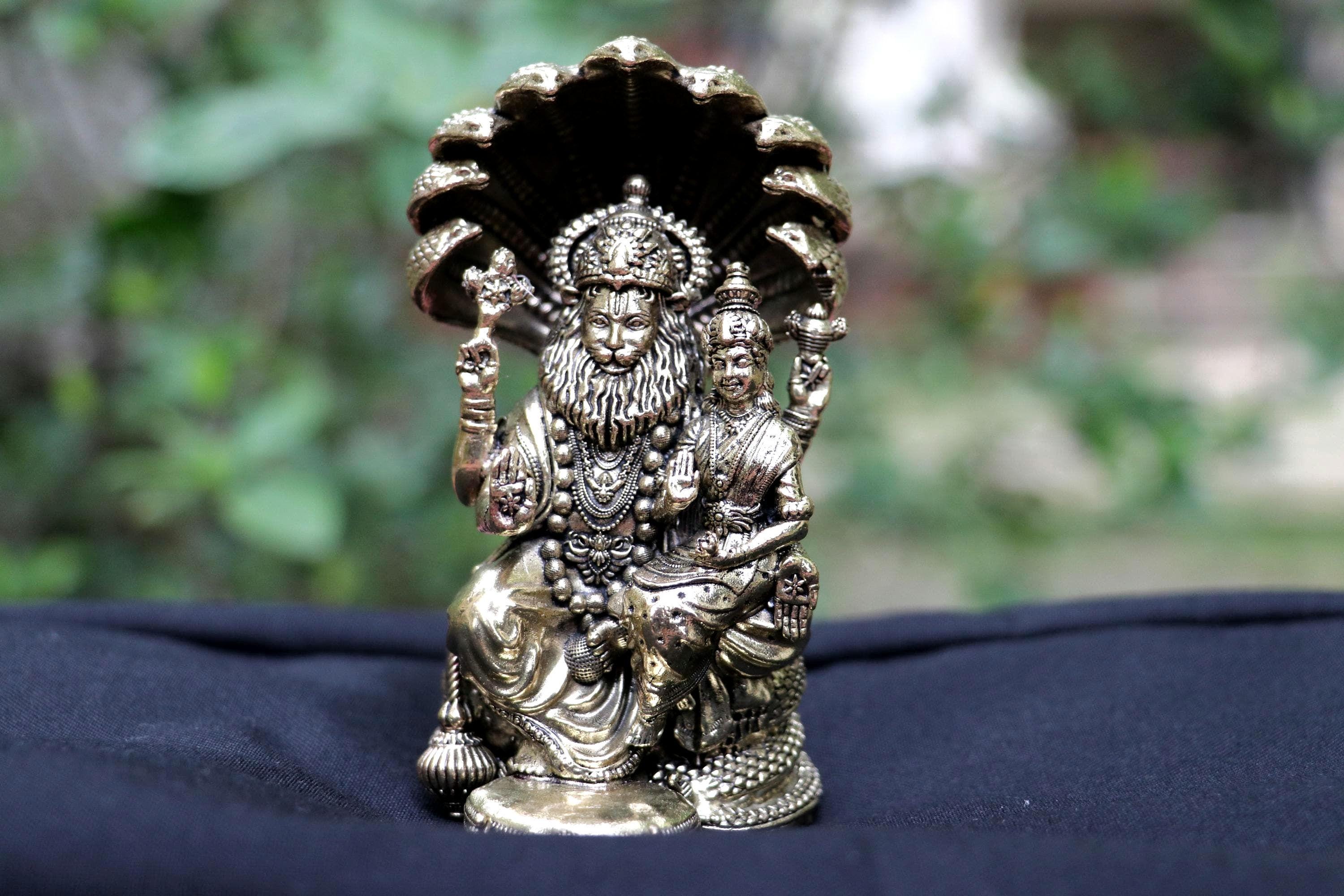 Brass Lakshmi Narasimha Statue With Lakshmi Seshnag 4inch - Puja Home Decor