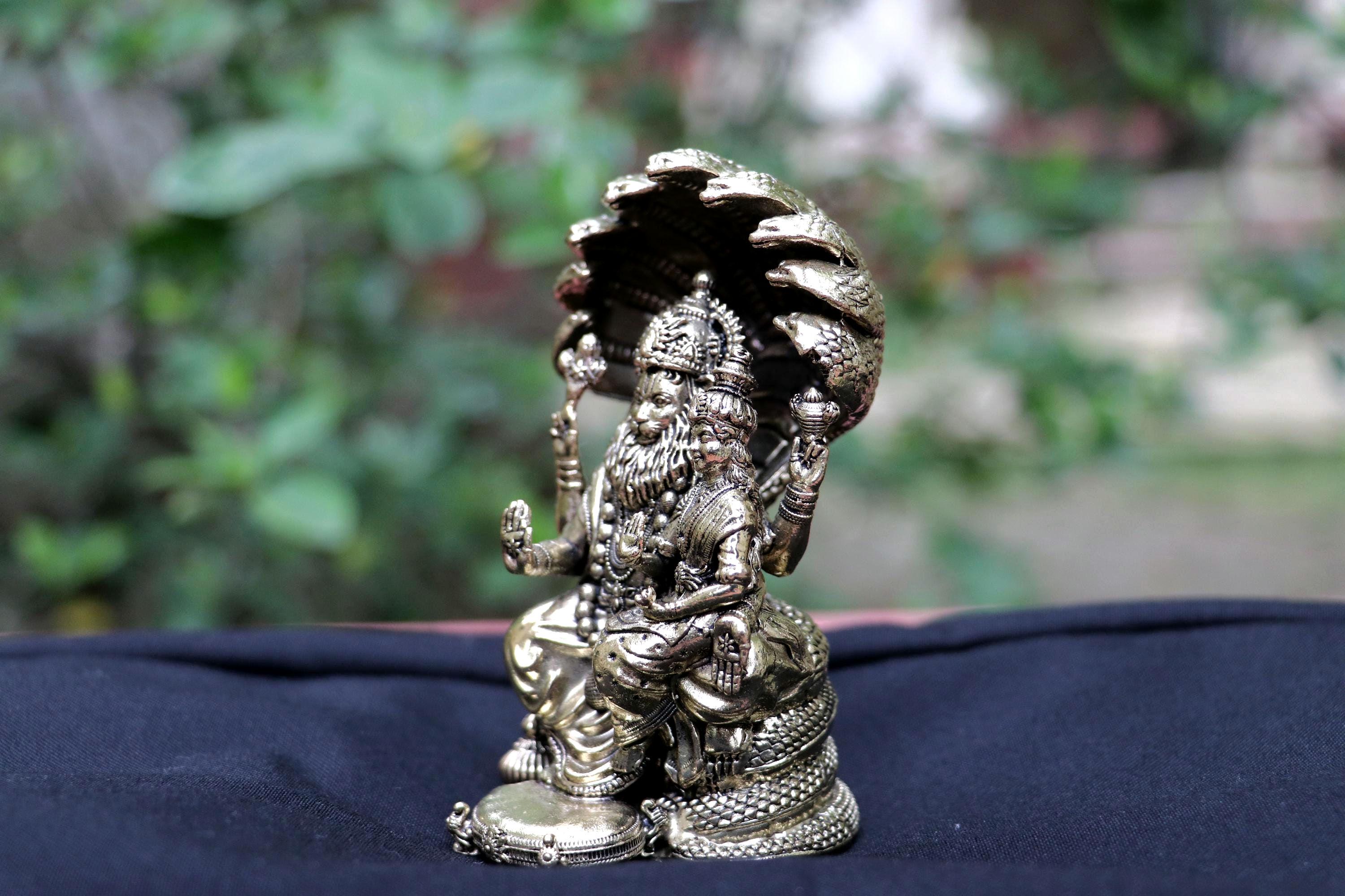 Brass Lakshmi Narasimha Statue With Lakshmi Seshnag 4inch - Puja Home Decor