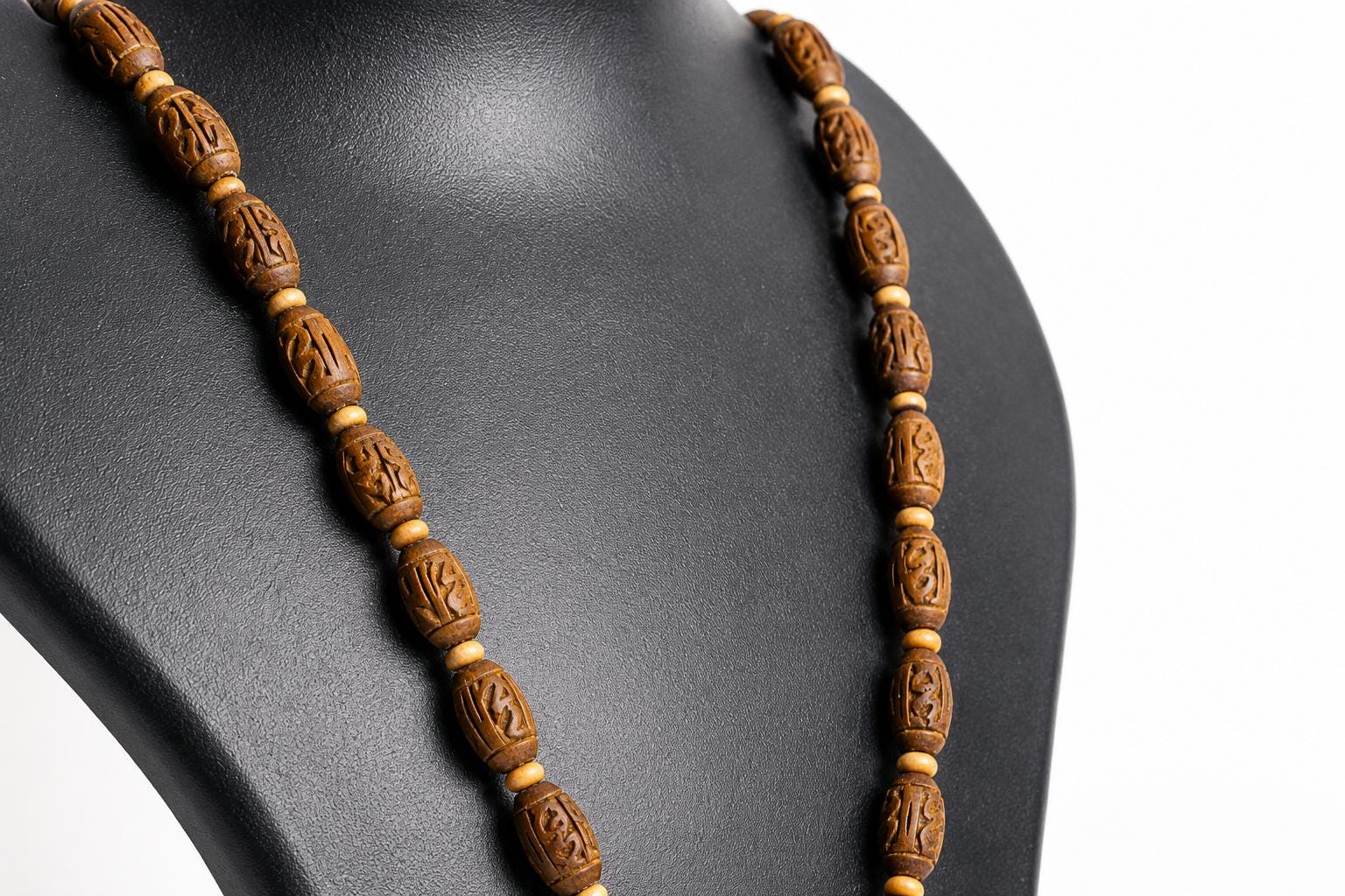 Hand Carved Radha Tulsi Mala Necklace, Holy Basil Beads, Iskcon Devotional Jewelry