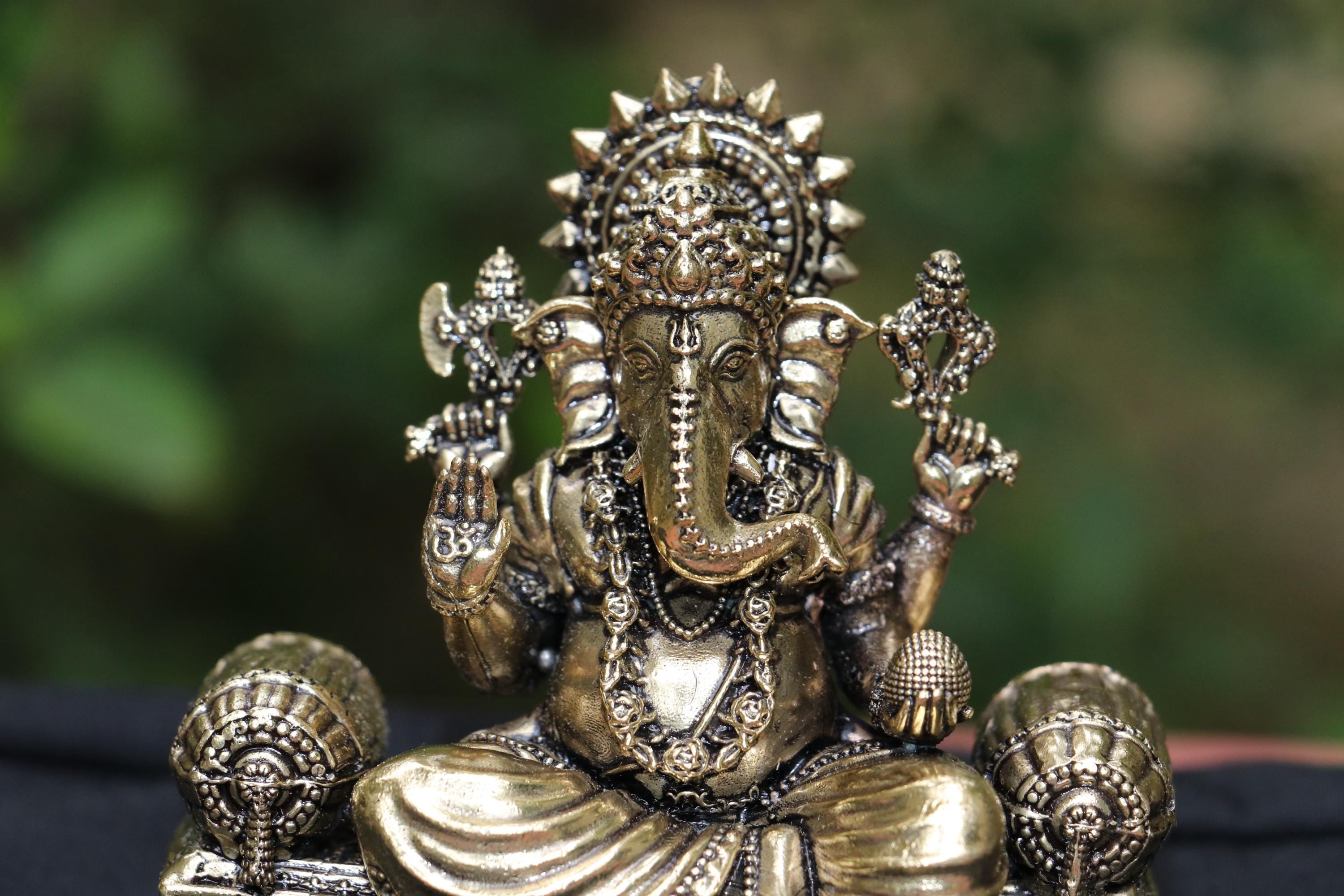 Brass Lord Ganesha Idol Sitting On Ornate Throne 4"