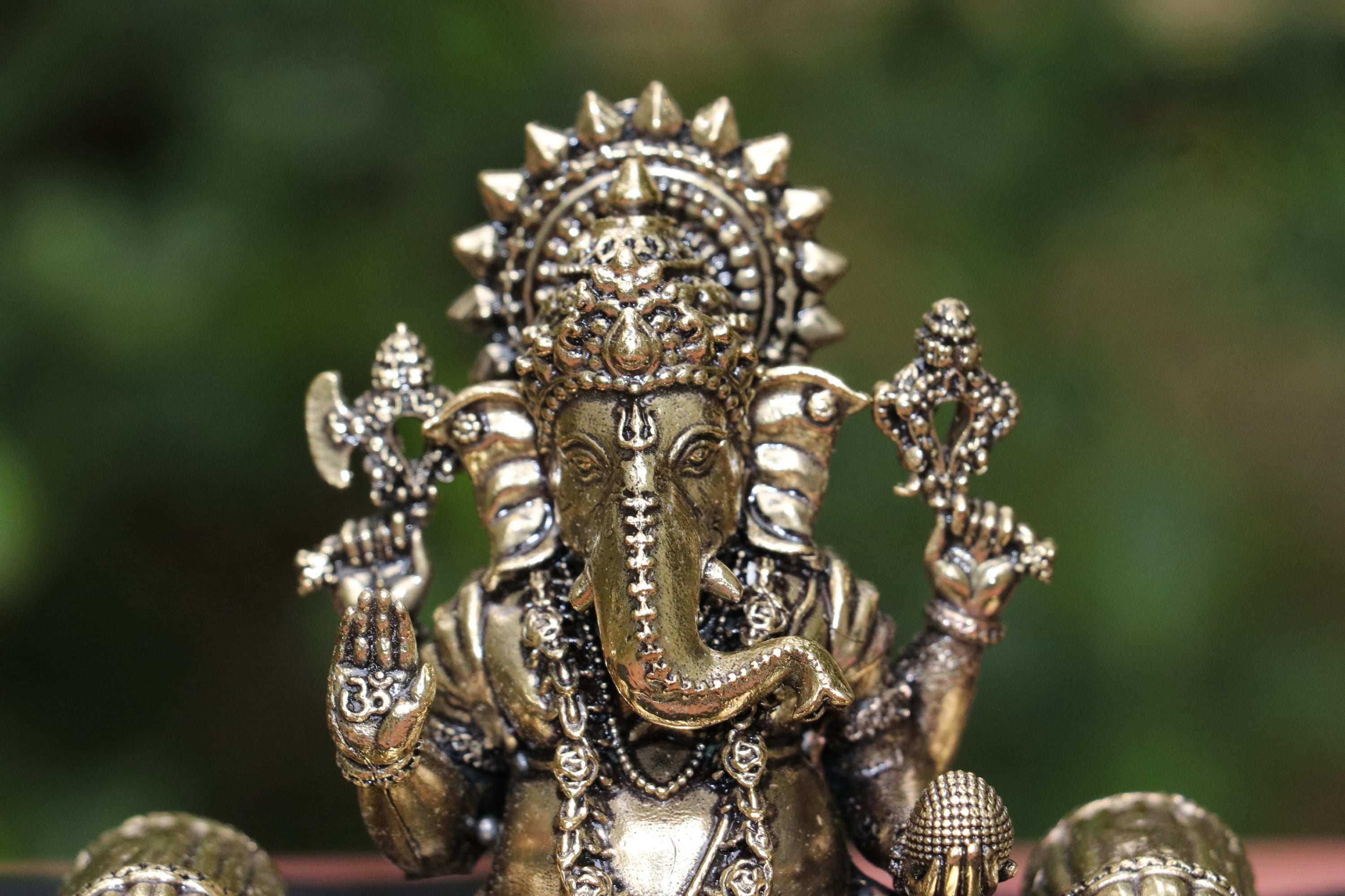 Brass Lord Ganesha Idol Sitting On Ornate Throne 4"
