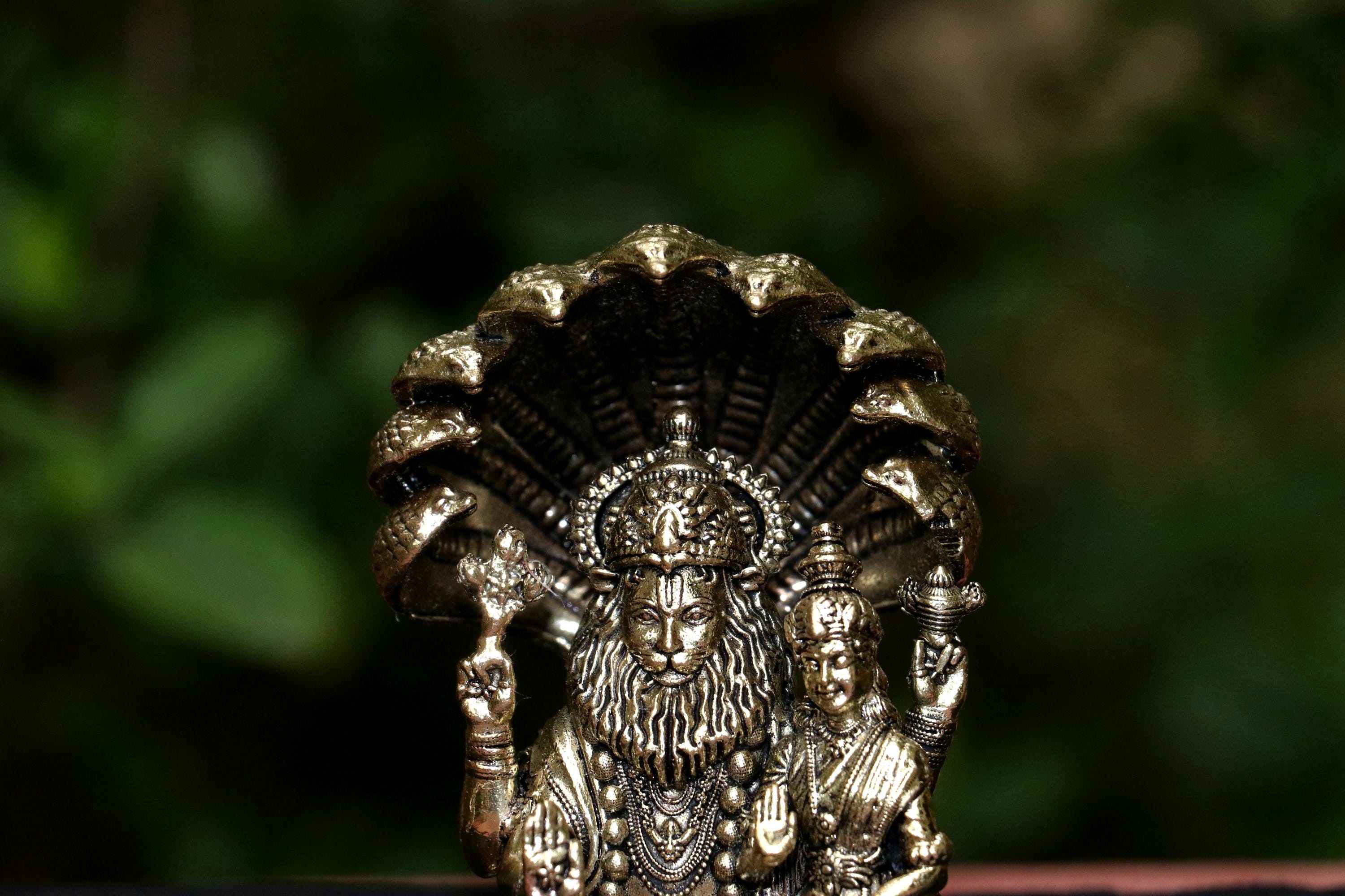 Brass Lakshmi Narasimha Statue With Lakshmi Seshnag 4inch - Puja Home Decor