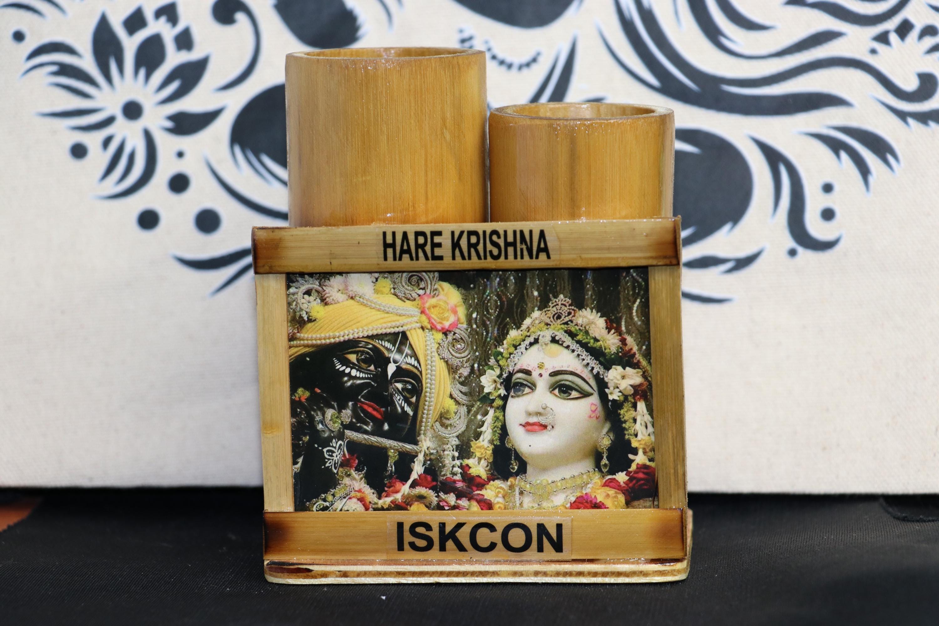 Handmade Bamboo Radha Krishna Pen Holder | ISKCON Desk Organizer, Eco-Friendly Stationery Stand