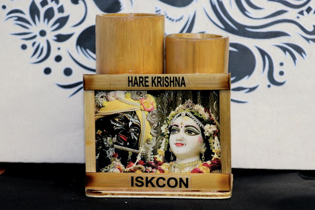 Handmade Bamboo Radha Krishna Pen Holder | ISKCON Desk Organizer, Eco-Friendly Stationery Stand
