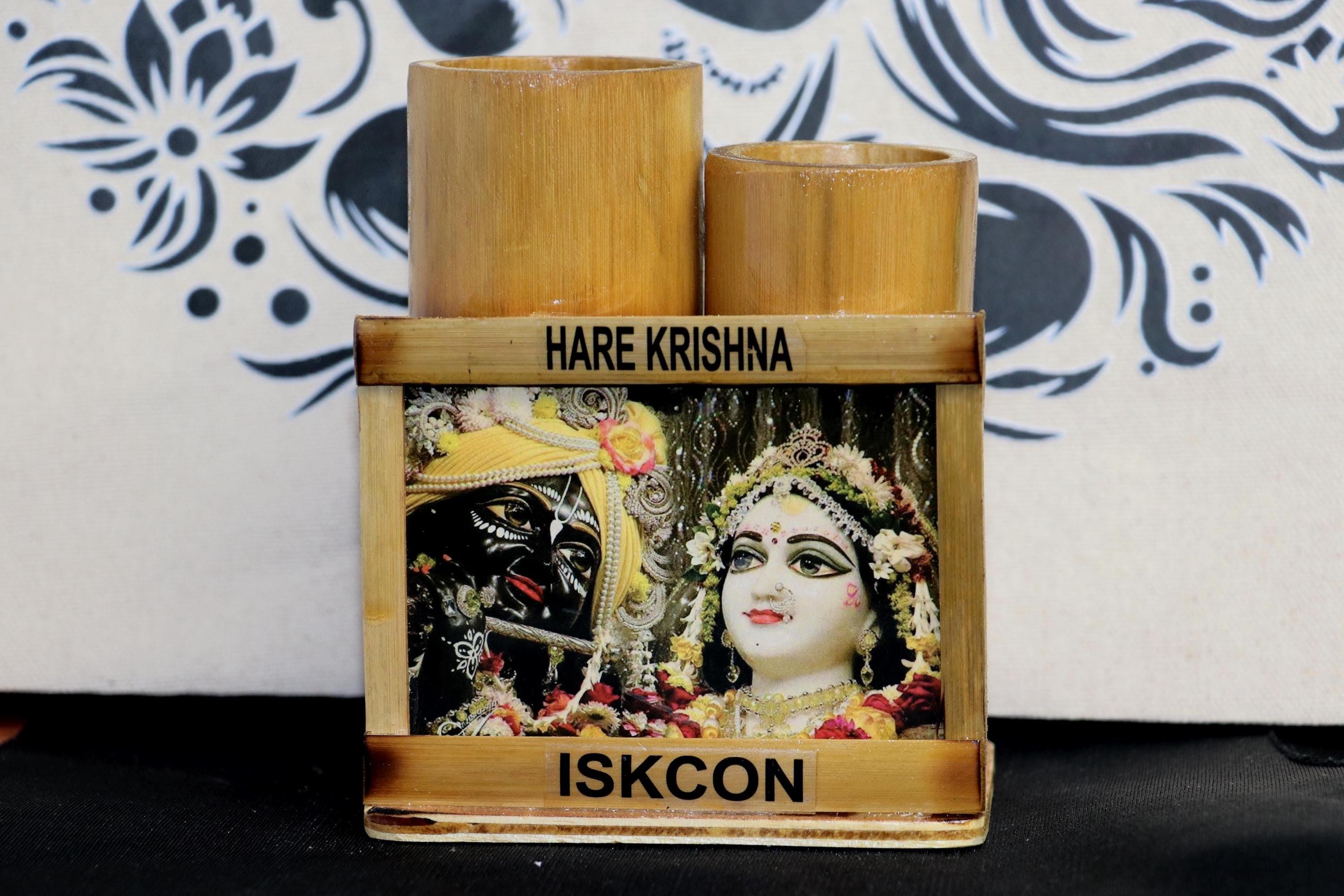 Handmade Bamboo Radha Krishna Pen Holder | ISKCON Desk Organizer, Eco-Friendly Stationery Stand